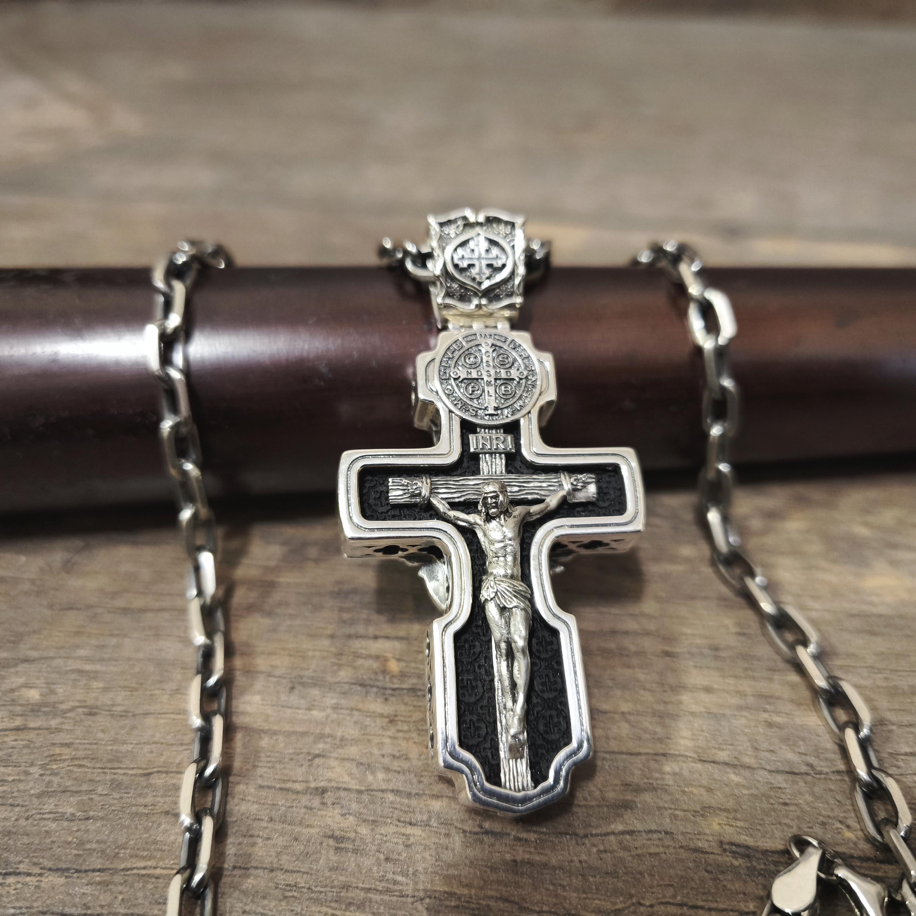 Personalized Saint Benedict Crucifix Necklace Archangel Saint Michael : Sterling Silver & Ebony Wood