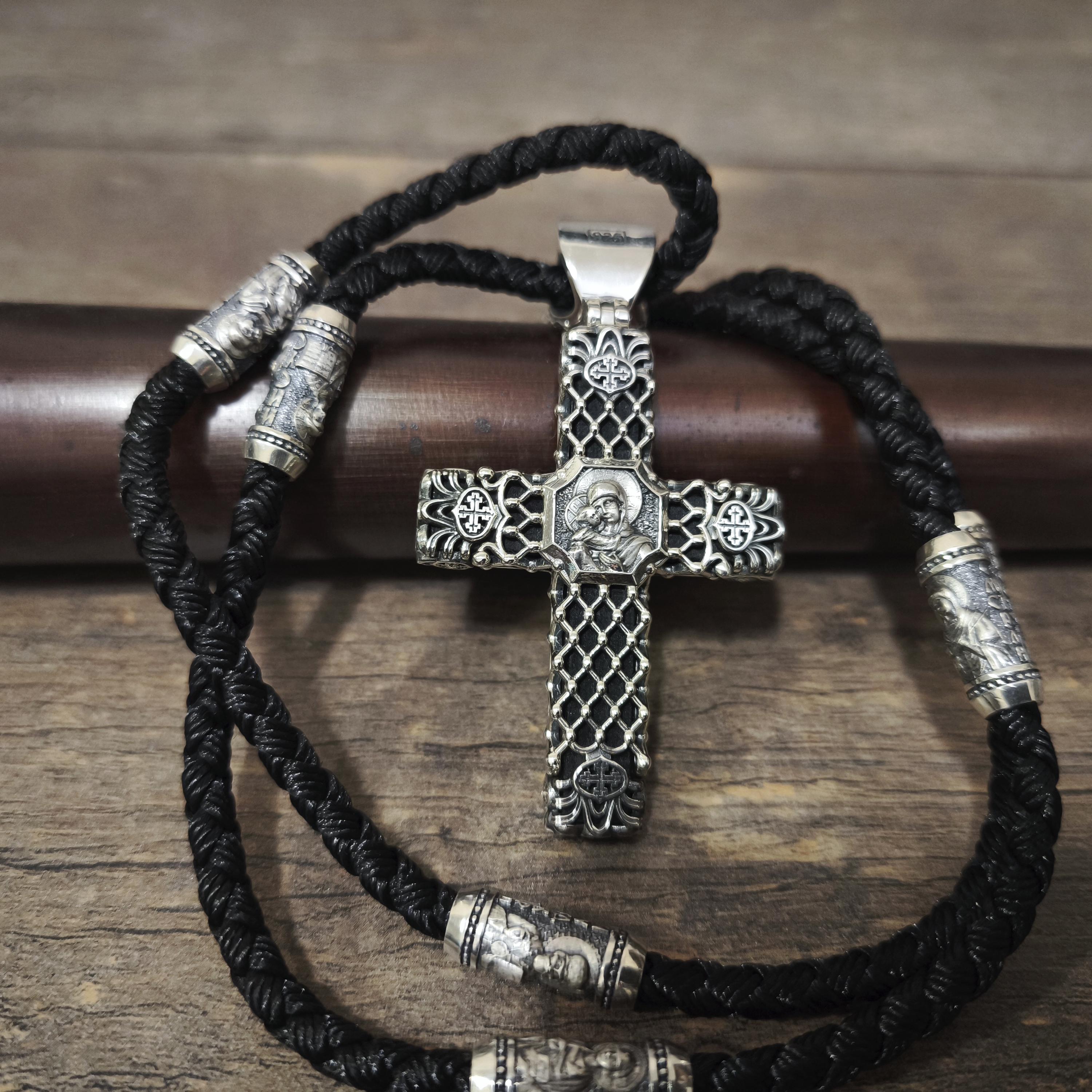 Sterling Silver Orthodox Crucifix Necklace & Ebony Wood - Religious Pendant