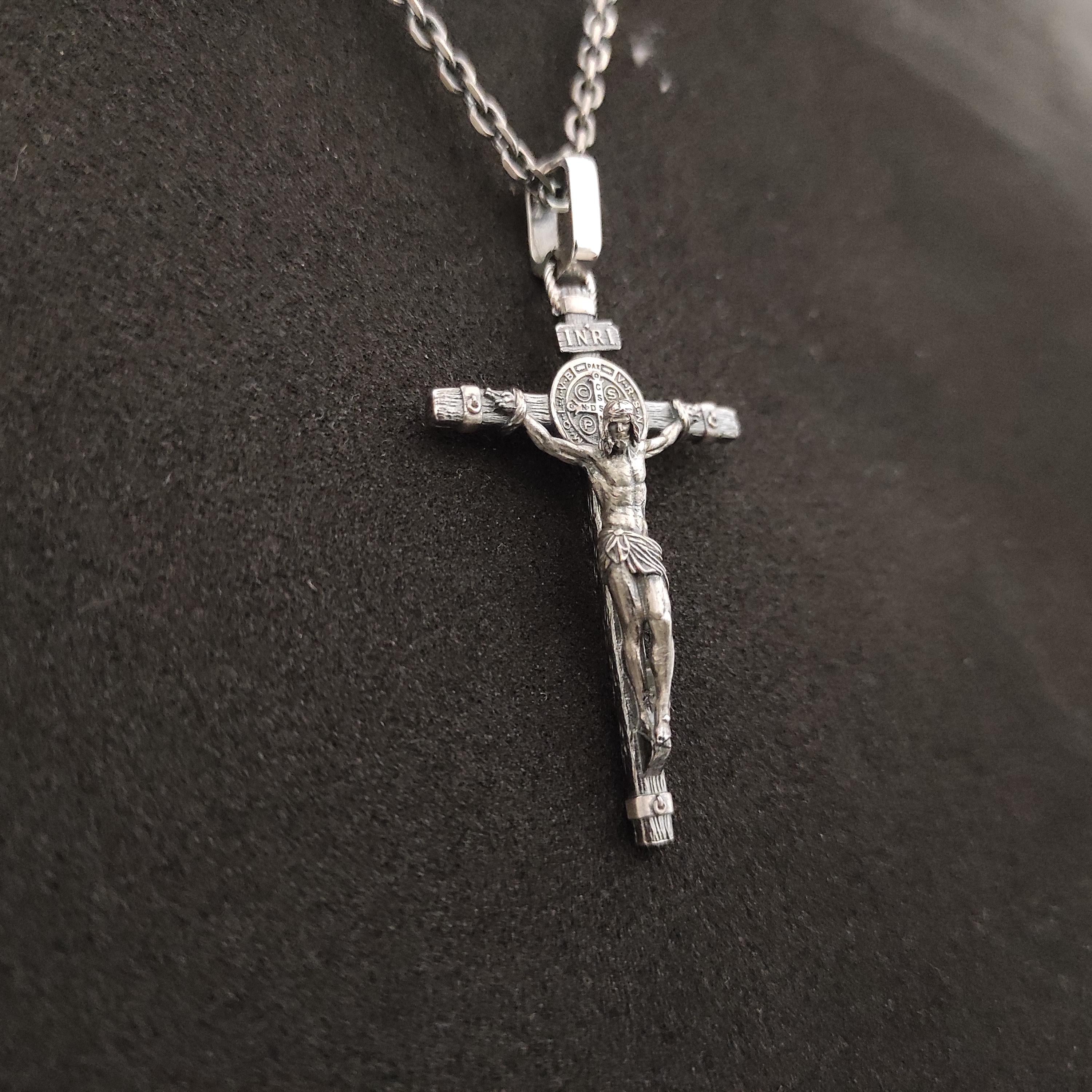 Handmade Saint Benedict Silver Crucifix Necklace: Religious Gift