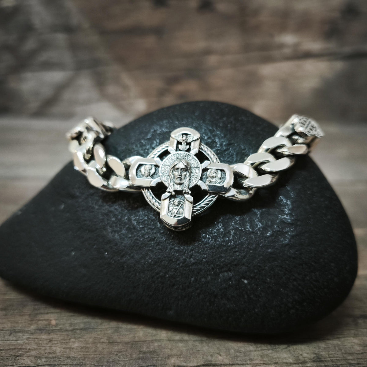Silver Orthodox Christian Bracelet with Jesus, Archangel Michael, Nicholas the Wonderworker, the Virgin Mary