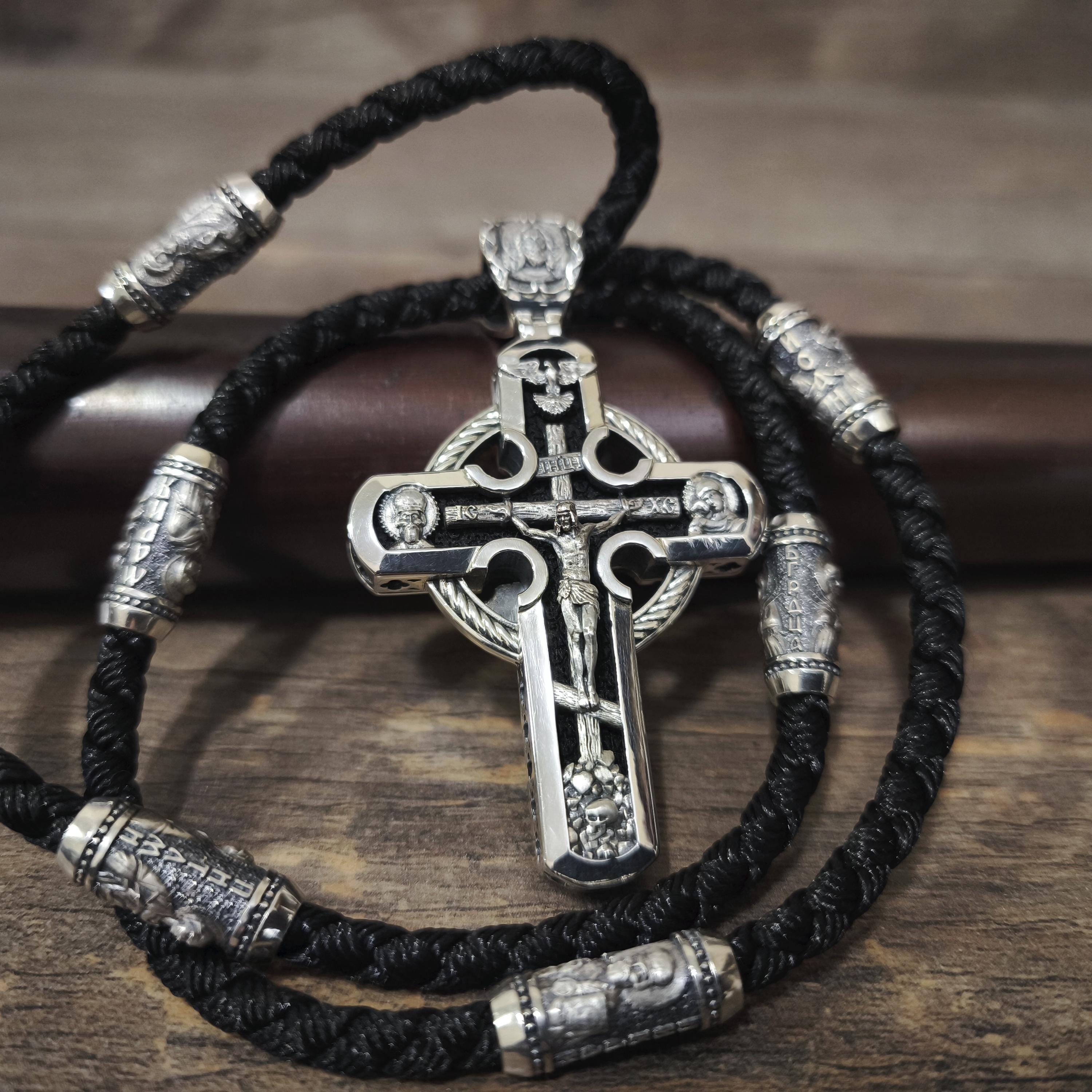 Sterling Silver Orthodox Crucifix Necklace: Jesus Cross Pendant, Ebony Wood
