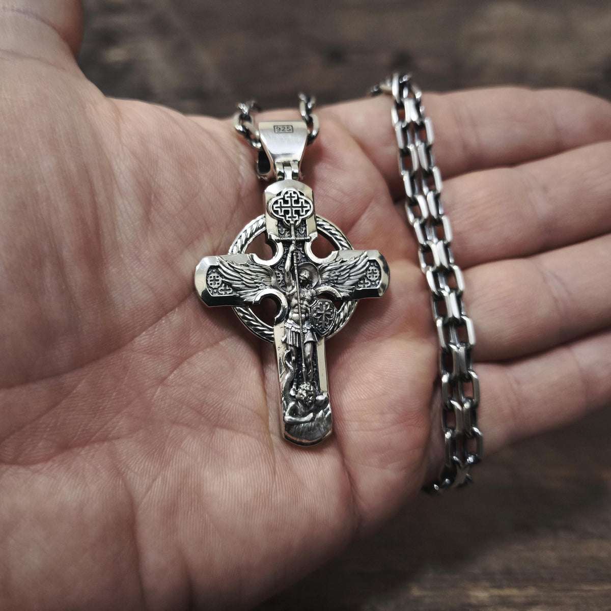 Sterling Silver Orthodox Crucifix Necklace Archangel Saint Michael - Religious Pendant