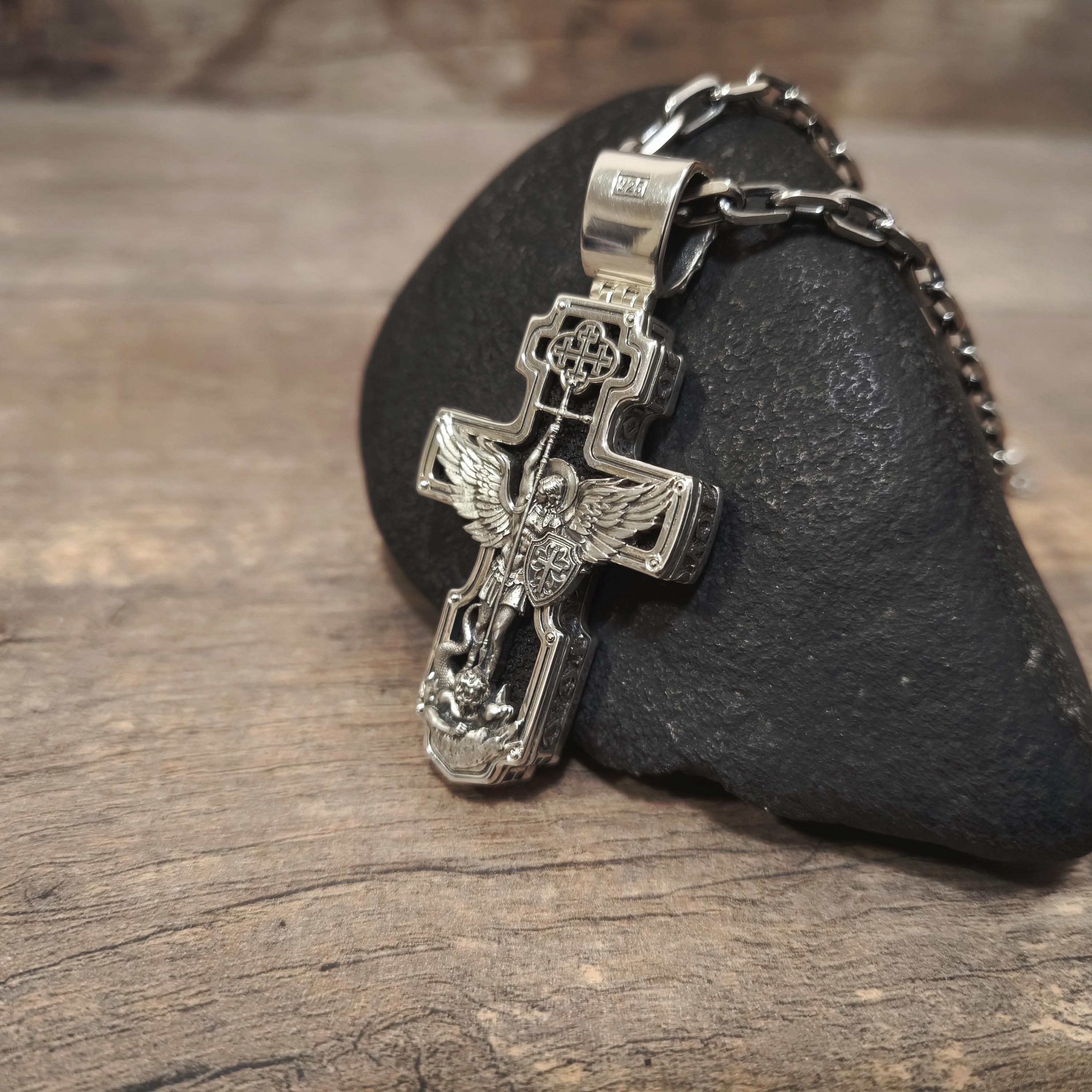 Sterling Silver Orthodox Crucifix Necklace Archangel Saint Michael & Ebony Wood - Religious Pendant
