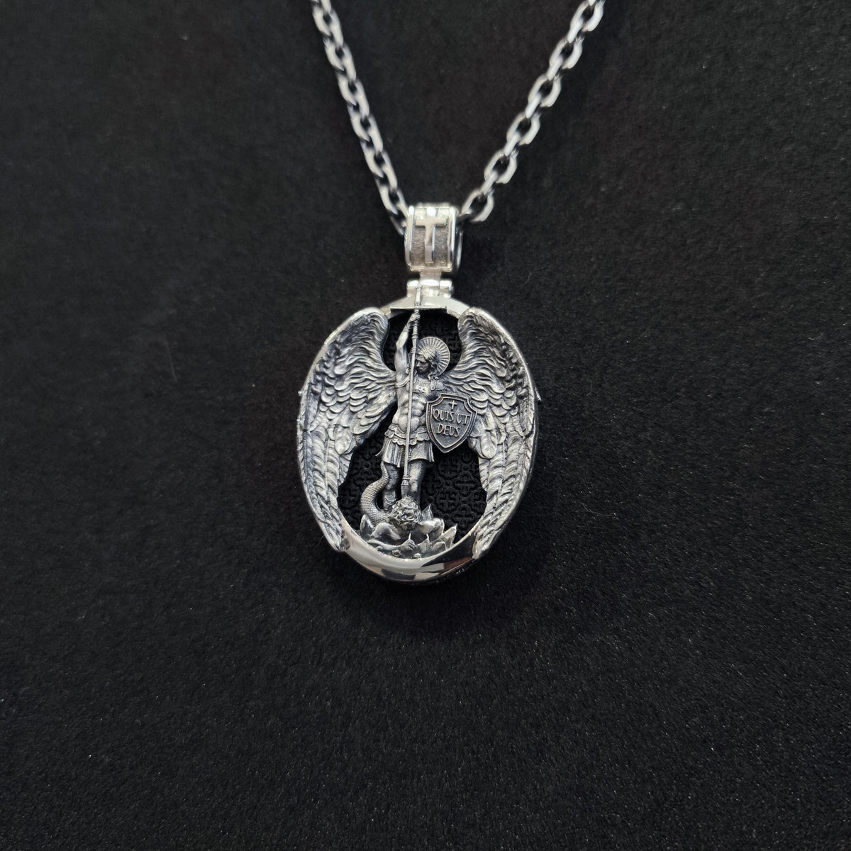 Sterling Silver Archangel Michael Pendant - Ebony Wood Religious Necklace