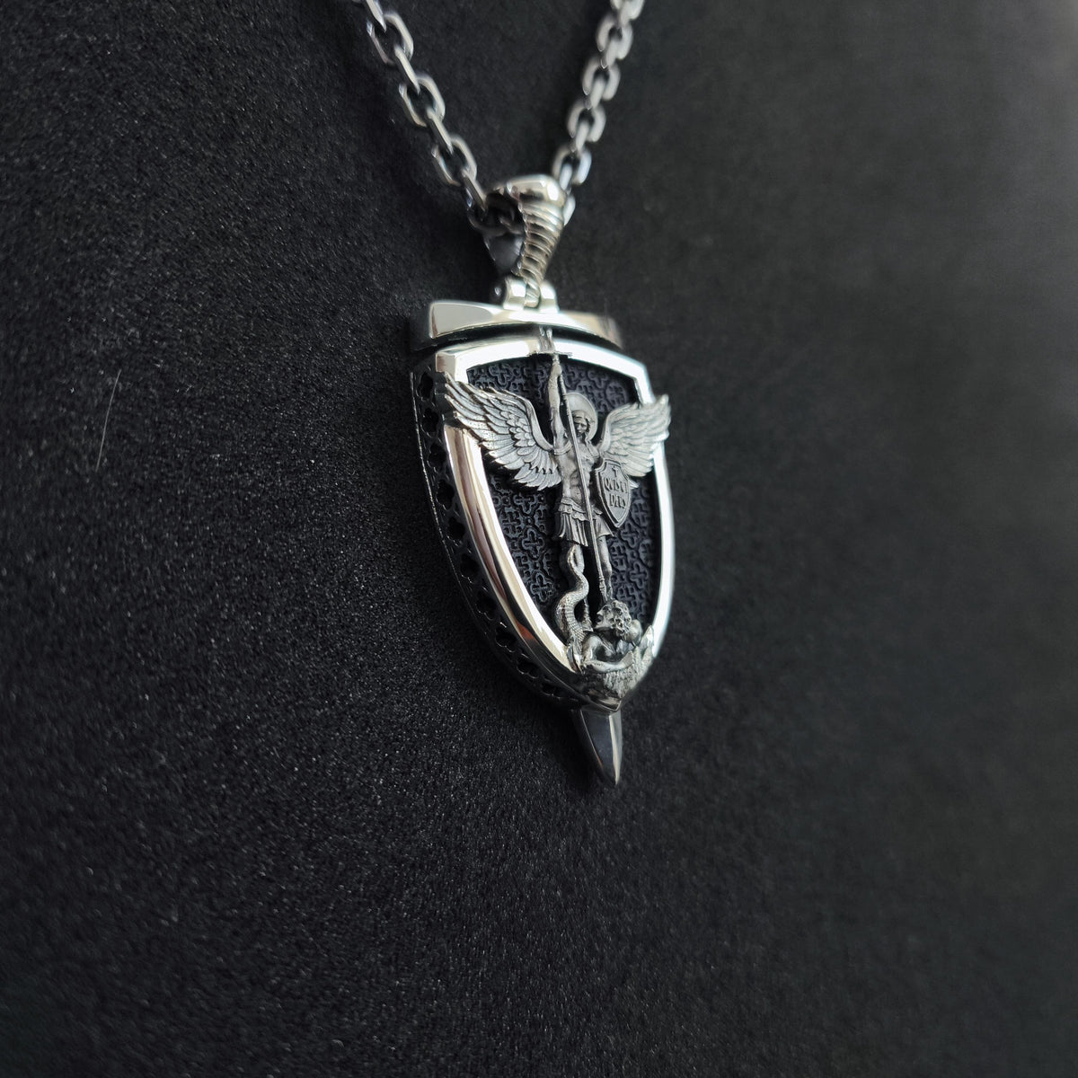 Personalized Sterling Silver Archangel Michael Shield Necklace - Ebony Wood Pendant