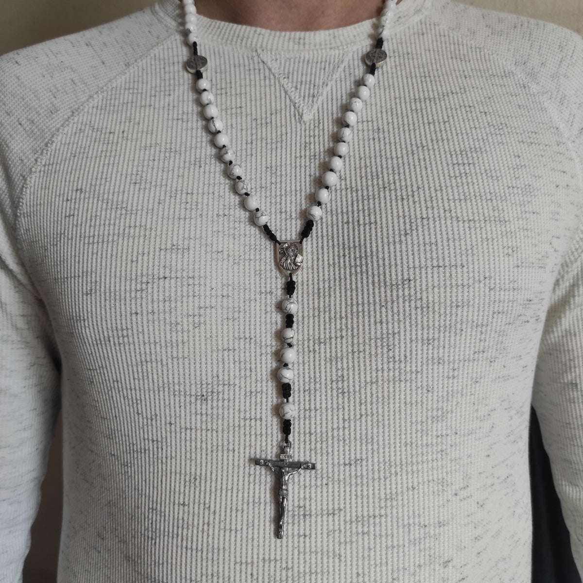 Sterling Silver Saint Benedict Rosary: White Howlite Beads, Catholic Exorcism Pendant