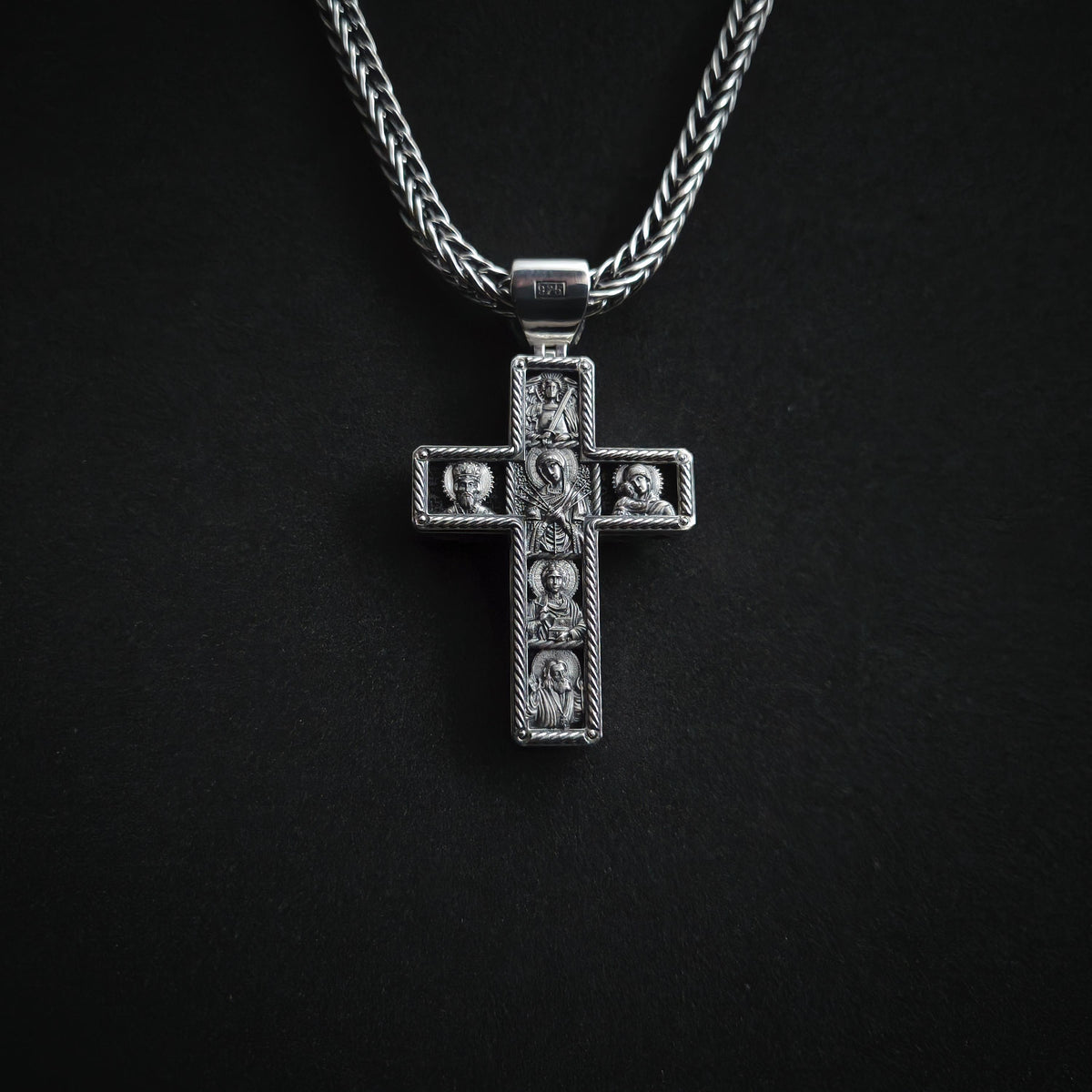 Sterling Silver Orthodox Cross Necklace - Archangel Michael, Ebony Wood