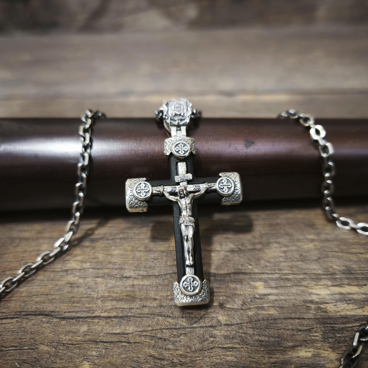 Sterling Silver Orthodox Crucifix Necklace & Ebony Wood - Religious Pendant