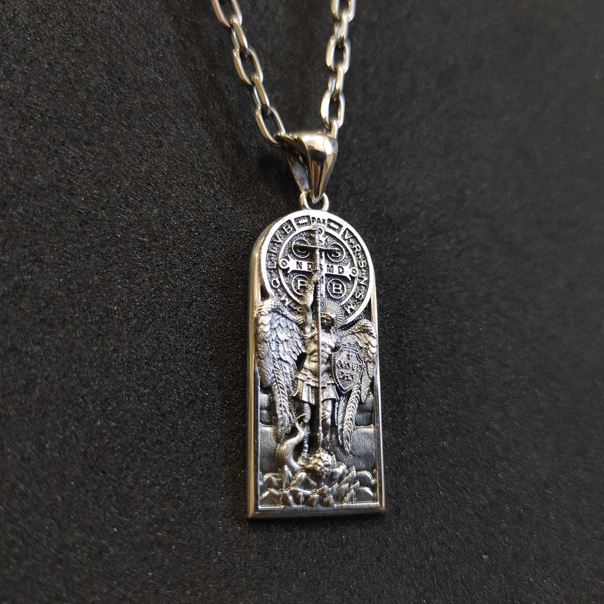 Sterling Silver Archangel Saint Michael Necklace: Handmade St. Benedict Exorcism Cross