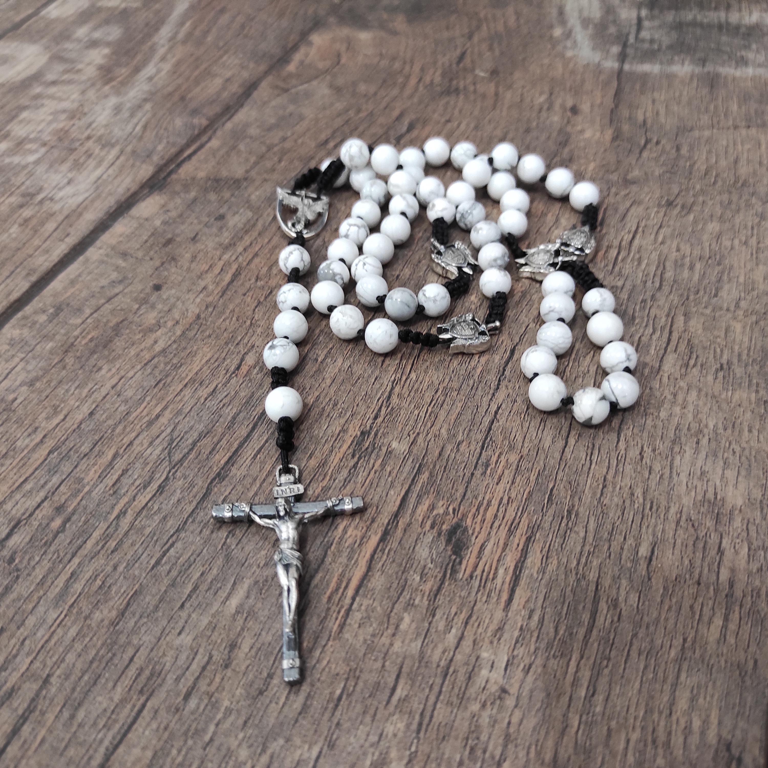 Sterling Silver St. Michael Rosary: White Howlite Beads, Catholic Gift