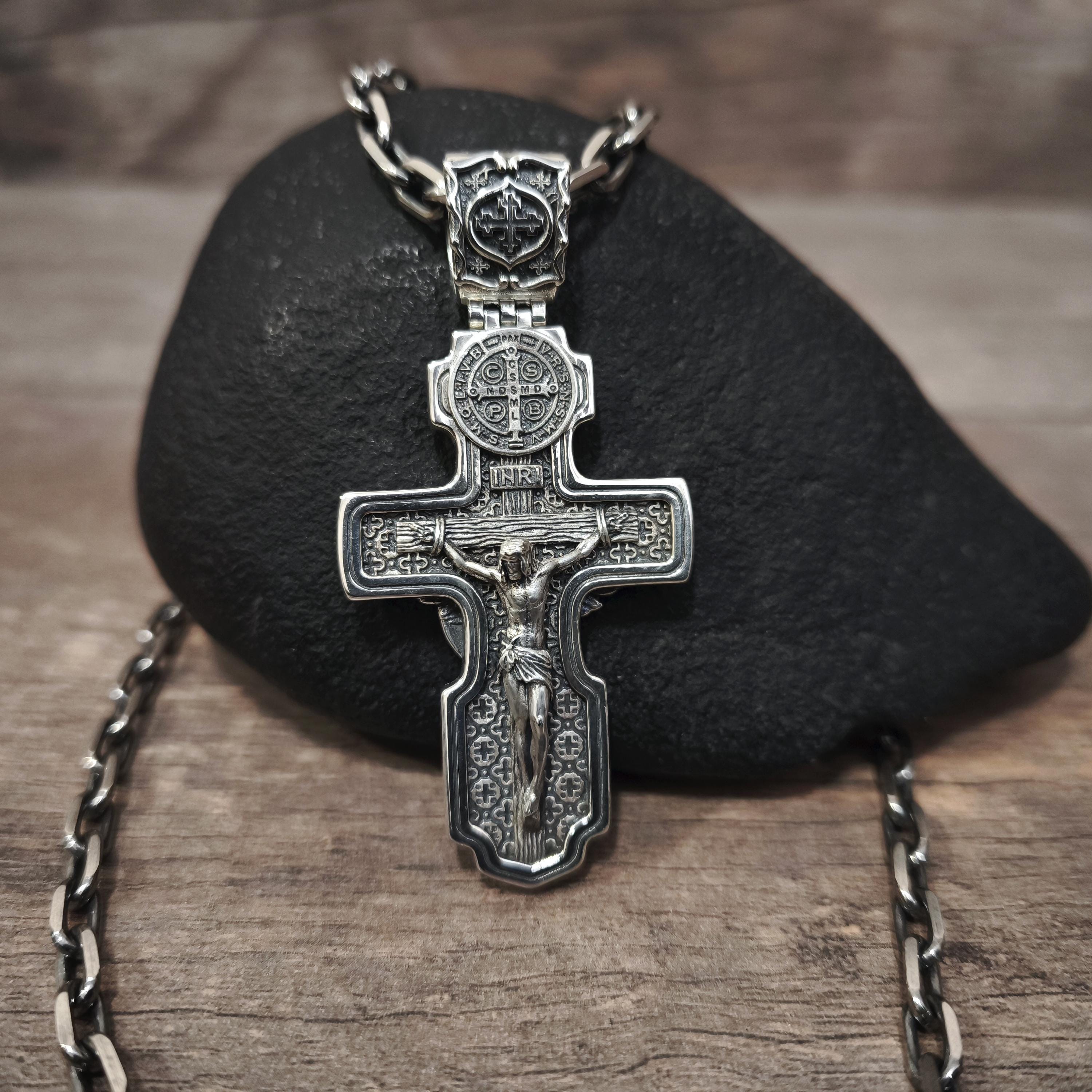 Personalized Jesus Cross Saint Benedict Crucifix Necklace Archangel Saint Michael: Sterling Silver