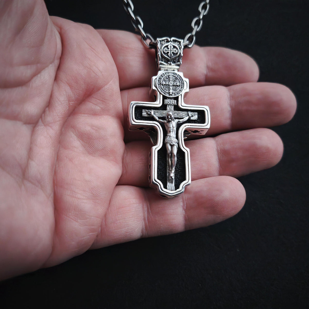 Personalized Saint Benedict Crucifix Necklace Archangel Saint Michael : Sterling Silver & Ebony Wood