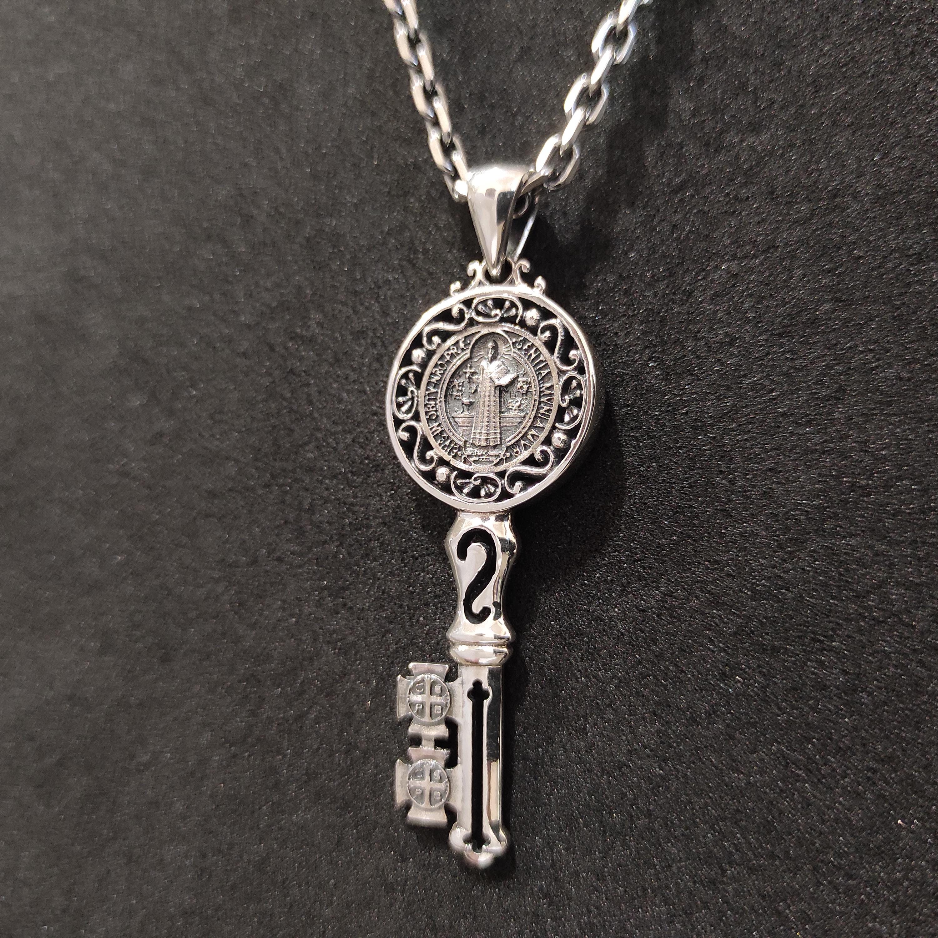 Saint Benedict Key Pendant: Sterling Silver Gothic Crucifix Necklace