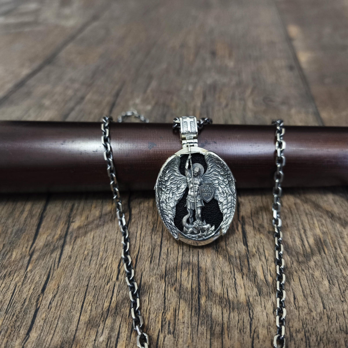 Sterling Silver Archangel Michael Pendant - Ebony Wood Religious Necklace