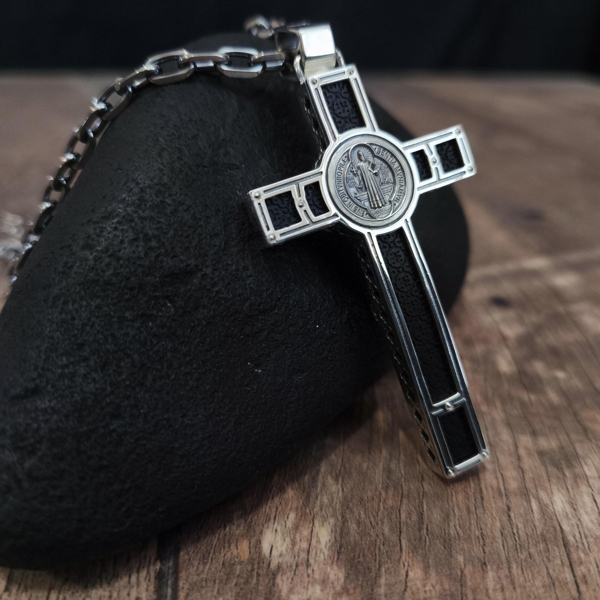 Personalized Saint Benedict Crucifix Necklace: Sterling Silver & Ebony Wood
