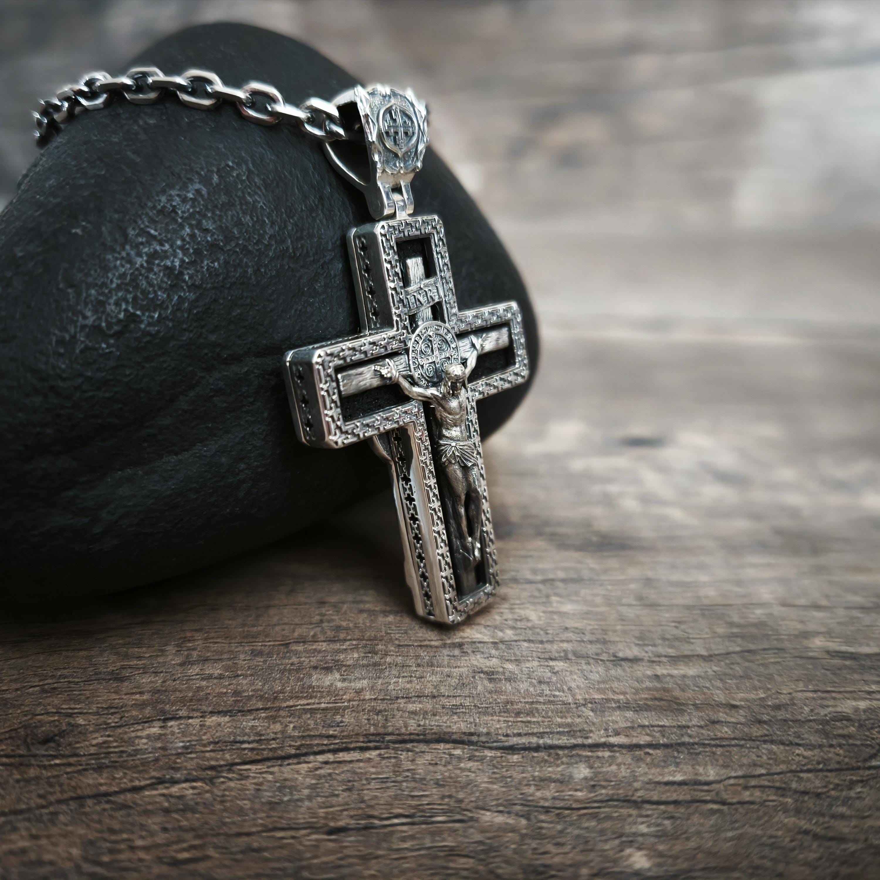 Personalized Saint Benedict Crucifix Necklace Archangel Saint Michael : Sterling Silver & Ebony Wood