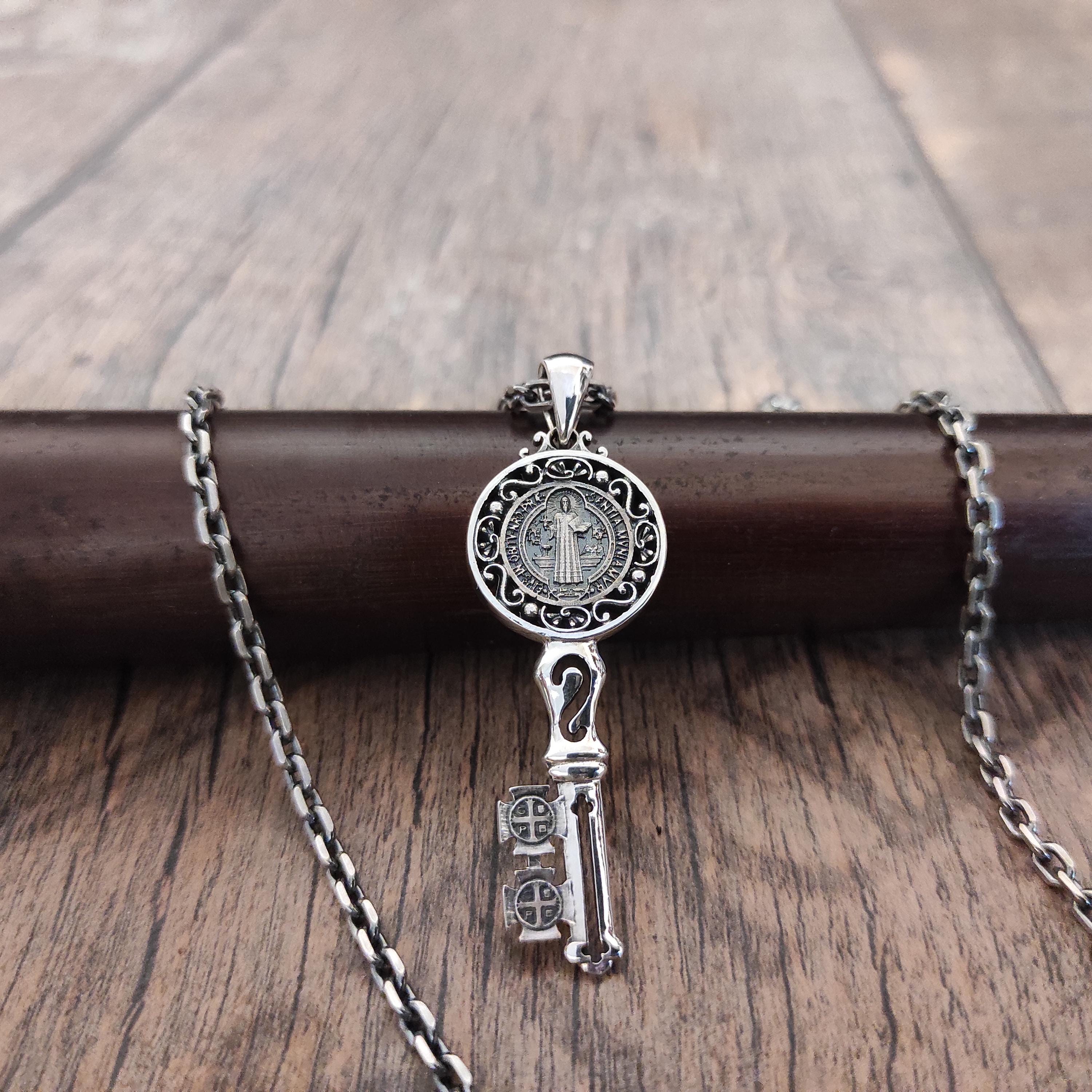 Saint Benedict Key Pendant: Sterling Silver Gothic Crucifix Necklace