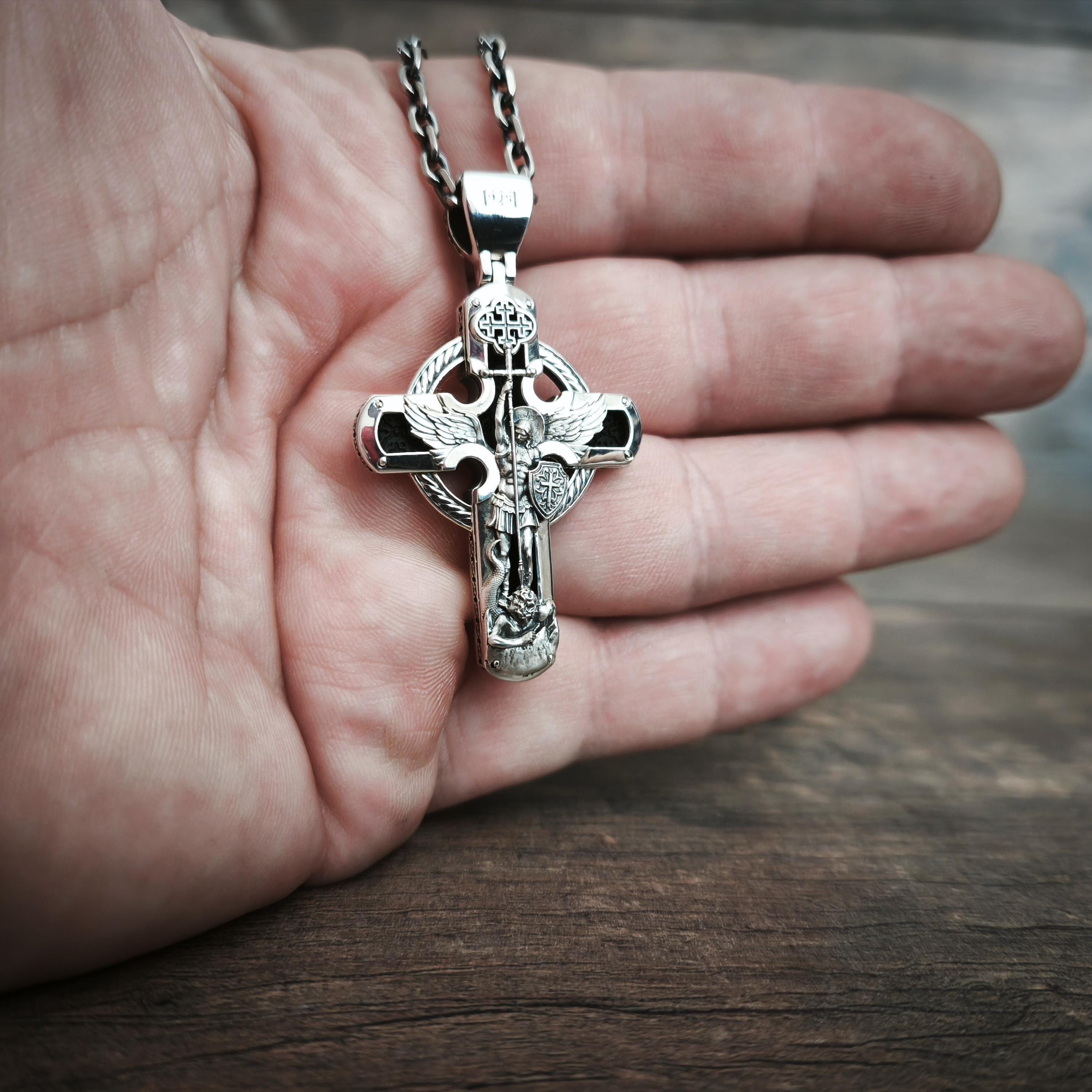 Personalized Saint Benedict Crucifix Necklace Archangel Saint Michael : Sterling Silver & Ebony Wood