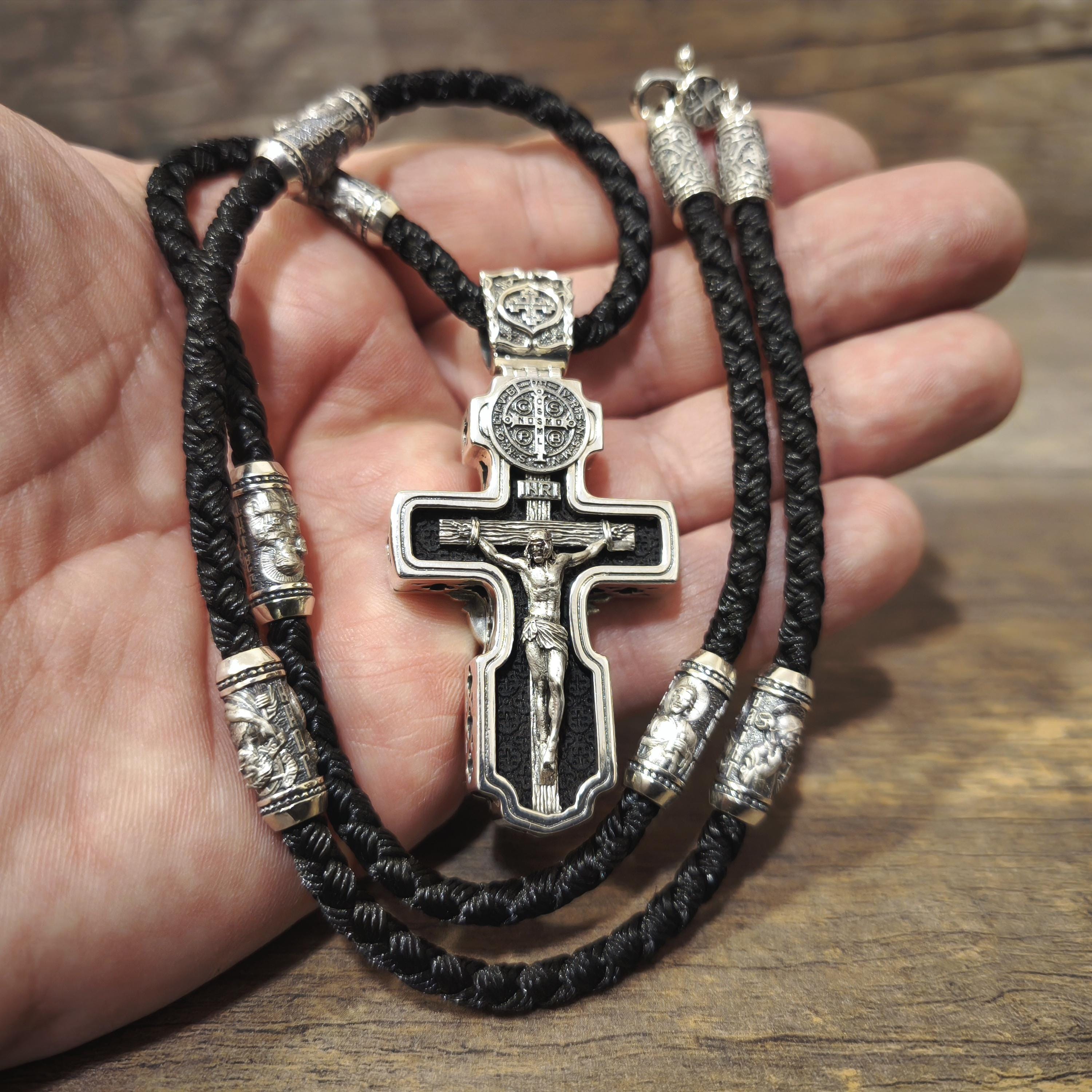 Personalized Jesus Cross Saint Benedict Crucifix Necklace Archangel Saint Michael : Sterling Silver & Ebony Wood