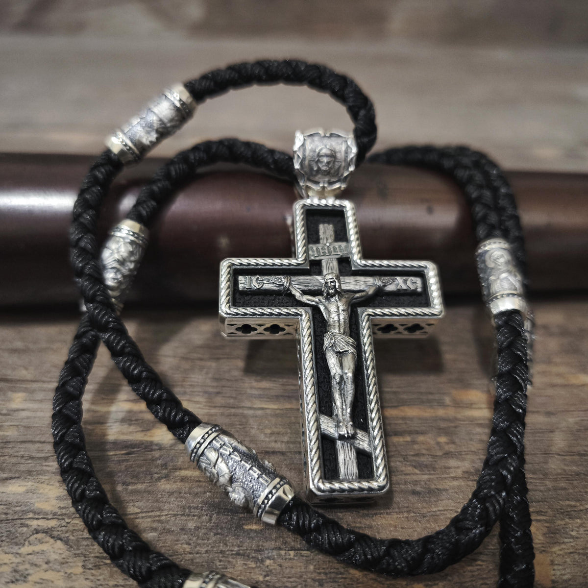 Sterling Silver Orthodox Crucifix Necklace: Jesus Cross Pendant, Ebony Wood