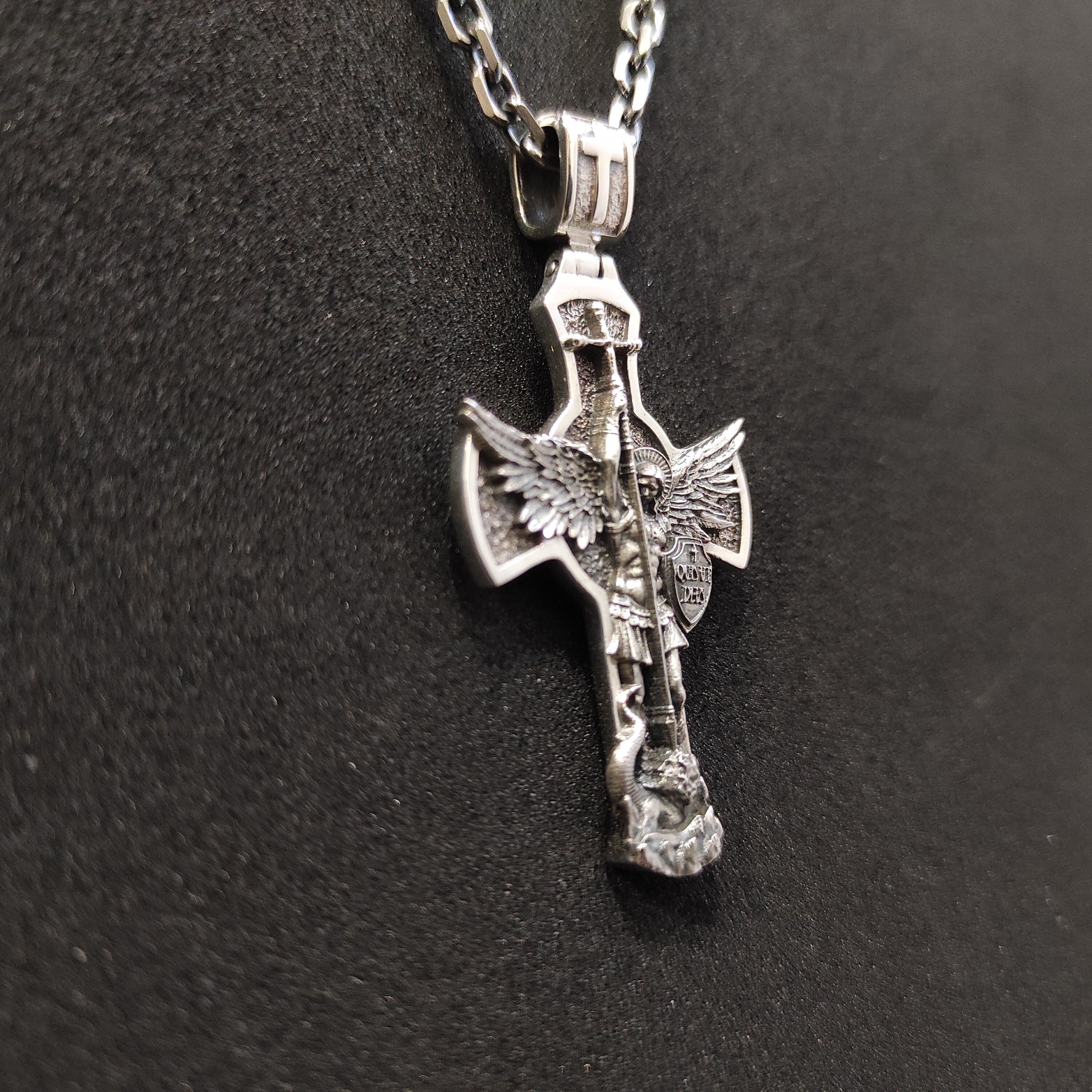 Sterling Silver Archangel Michael Shield Pendant Necklace: Religious Gift