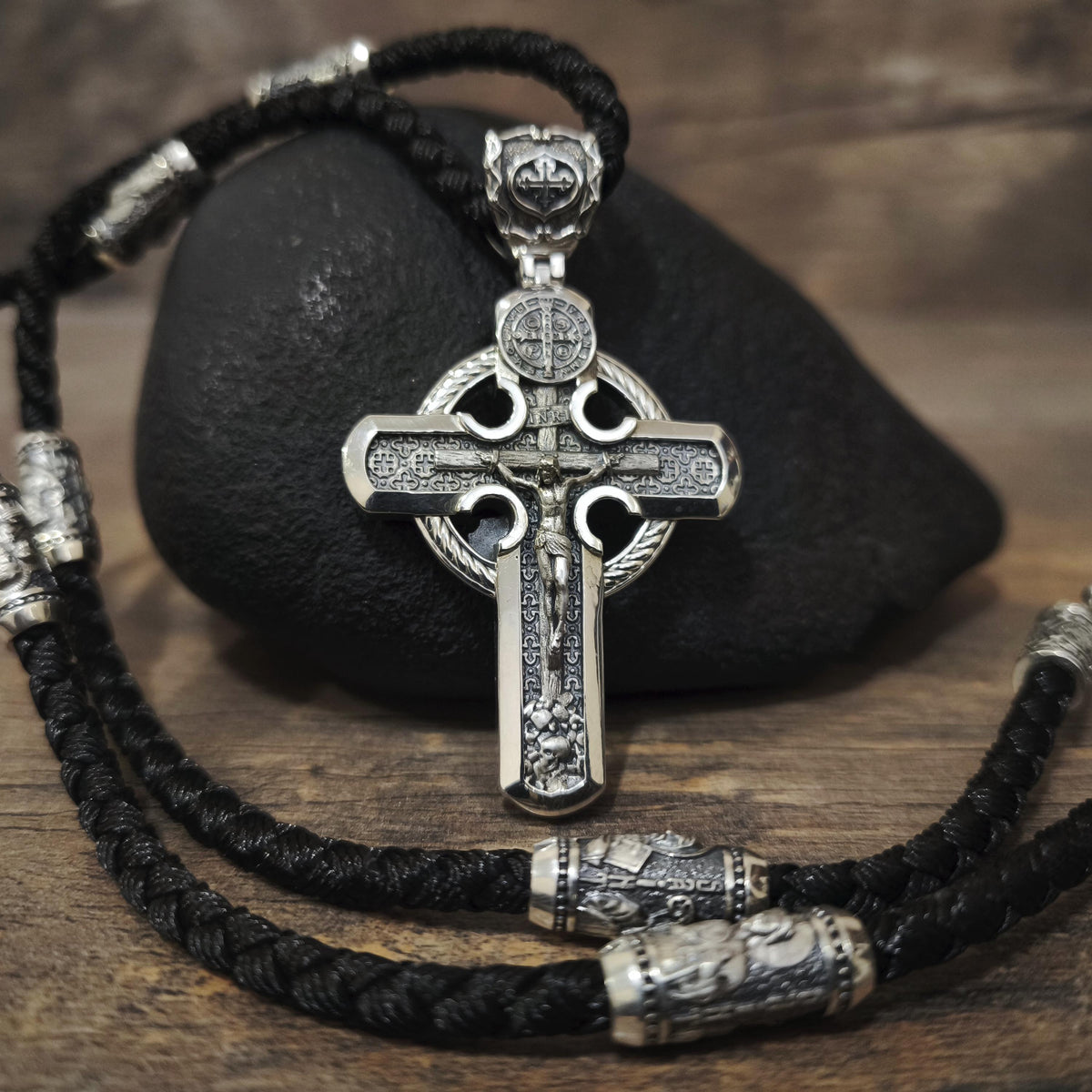 Personalized Jesus Cross Saint Benedict Crucifix Necklace Archangel Saint Michael : Sterling Silver