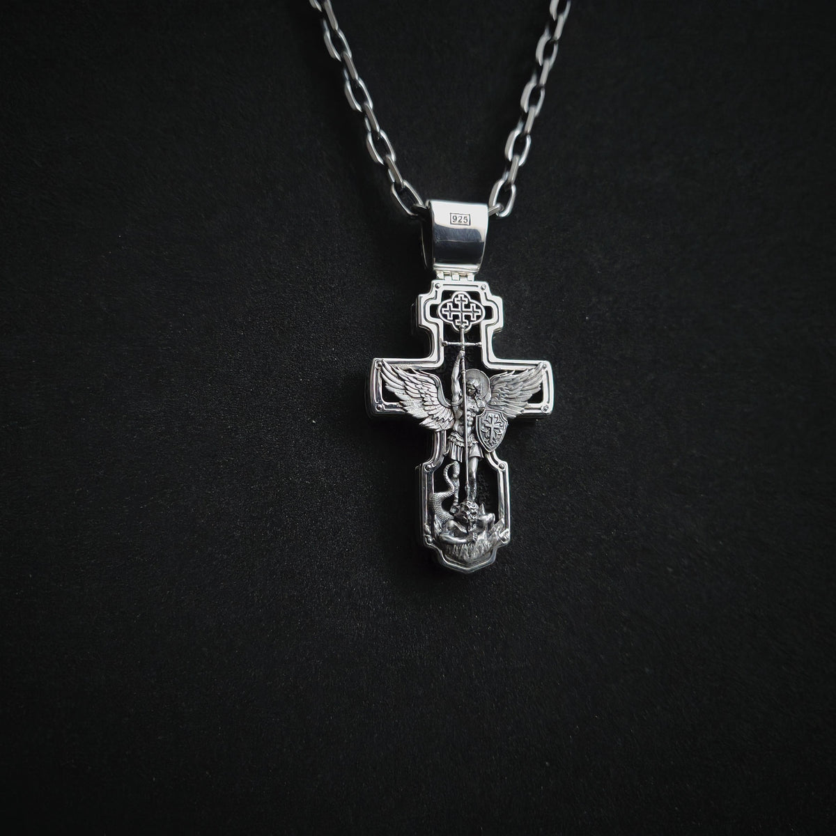 Sterling Silver Orthodox Crucifix Necklace Archangel Saint Michael & Ebony Wood - Religious Pendant