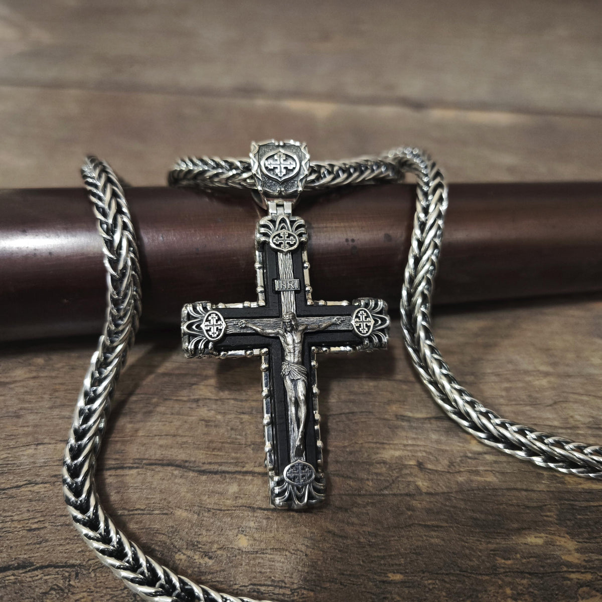Sterling Silver Crucifix Archangel Michael Necklace & Ebony Wood - Religious Pendant