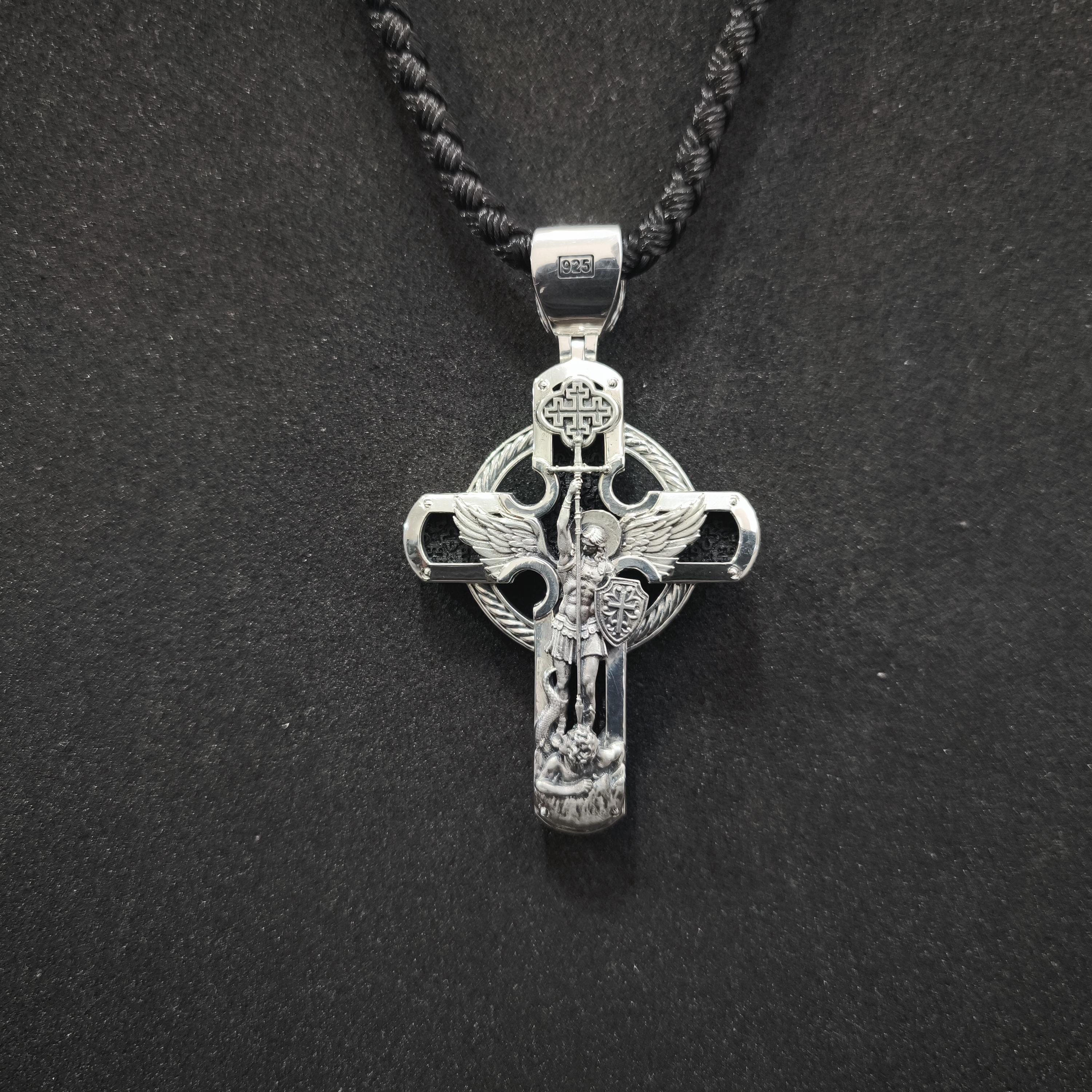 Sterling Silver Orthodox Crucifix Necklace: Jesus Cross Pendant, Ebony Wood