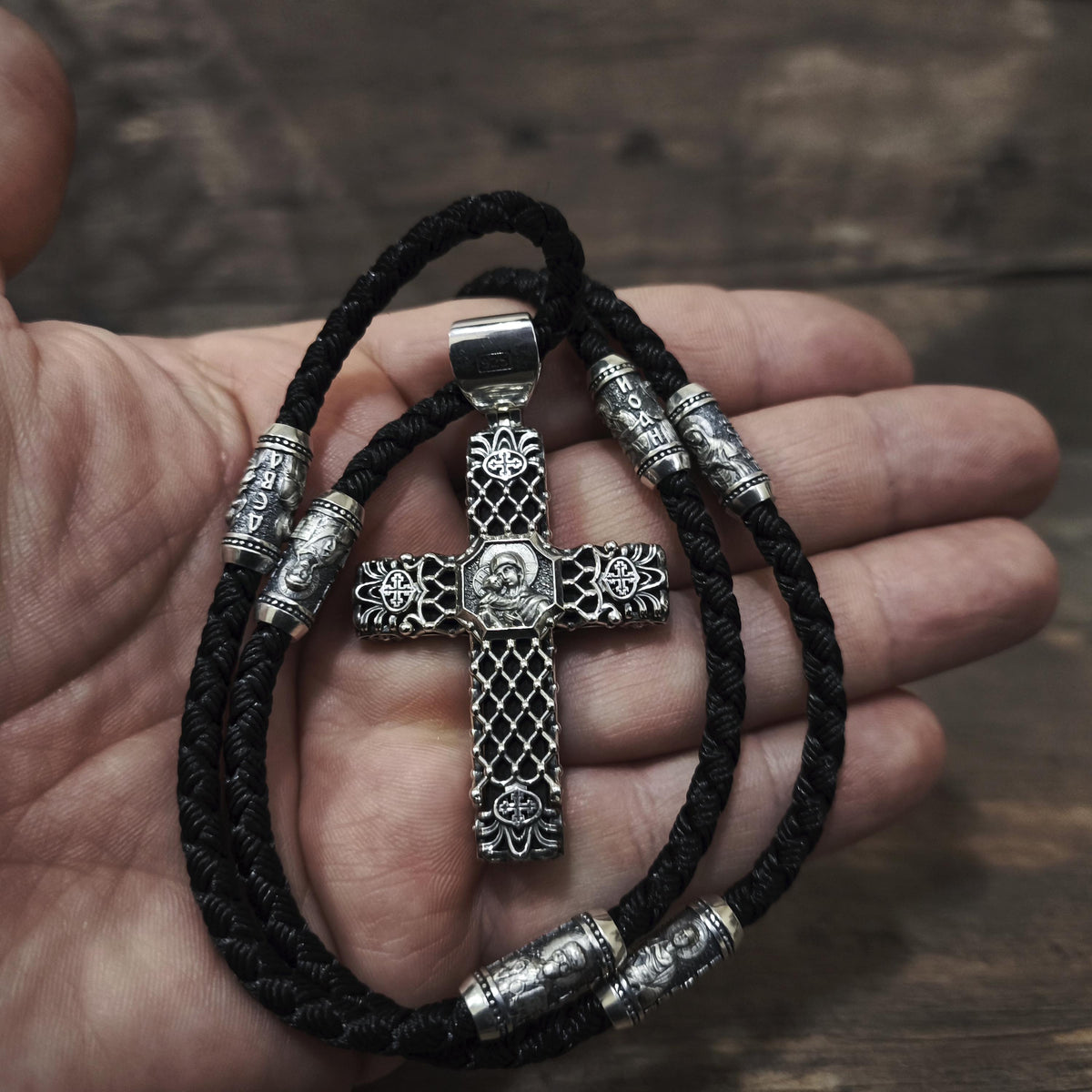 Sterling Silver Orthodox Crucifix Necklace & Ebony Wood - Religious Pendant