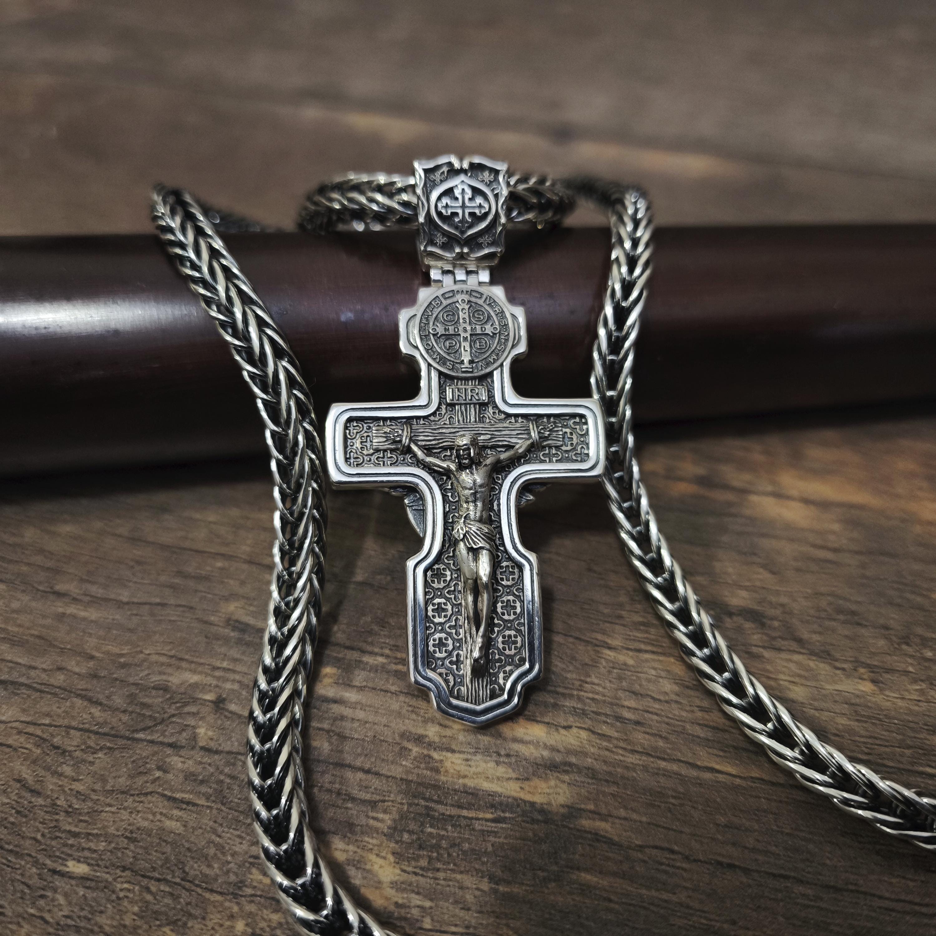 Personalized Saint Benedict Crucifix Necklace Archangel Saint Michael: Sterling Silver