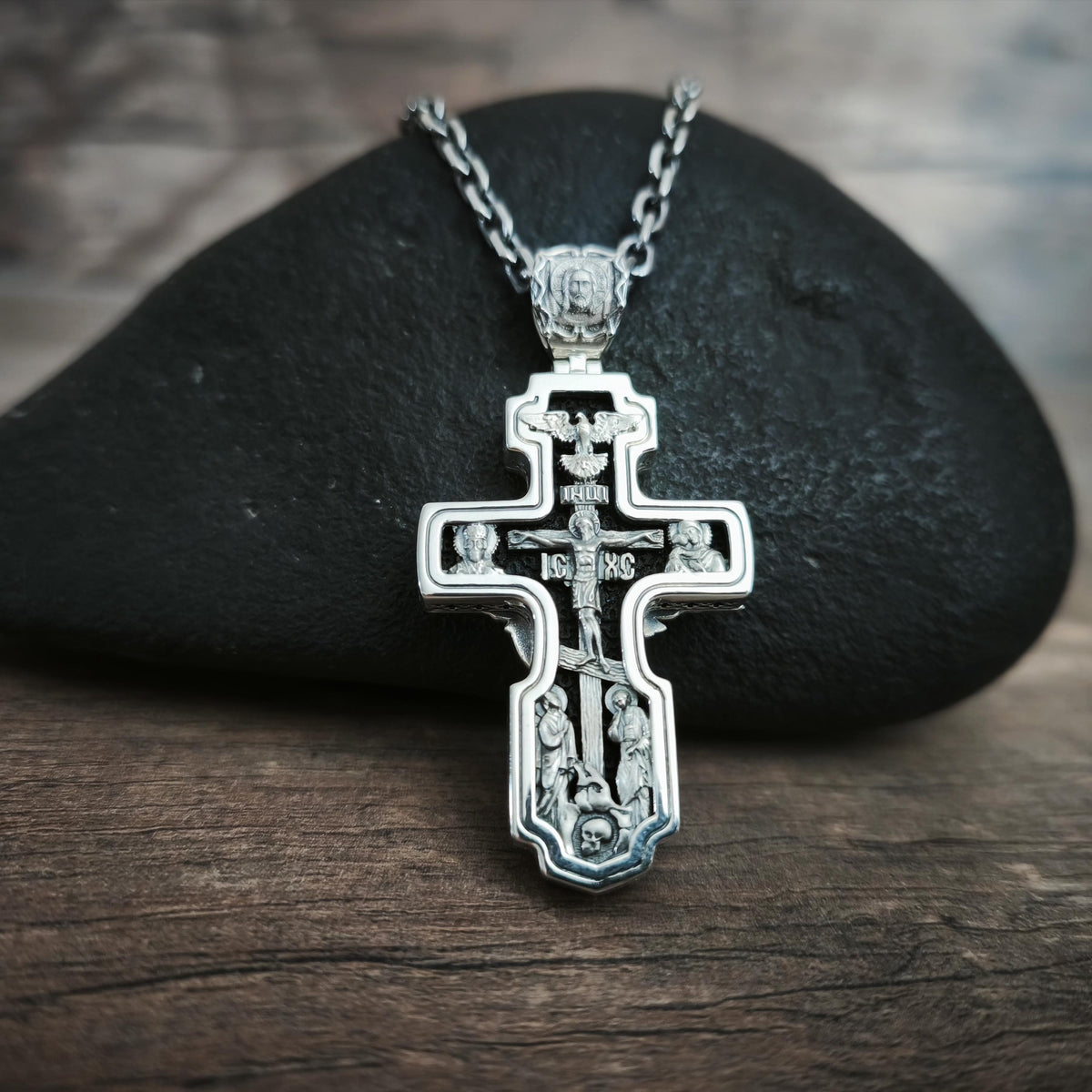 Sterling Silver Orthodox Crucifix Necklace Archangel Saint Michael & Ebony Wood - Religious Pendant