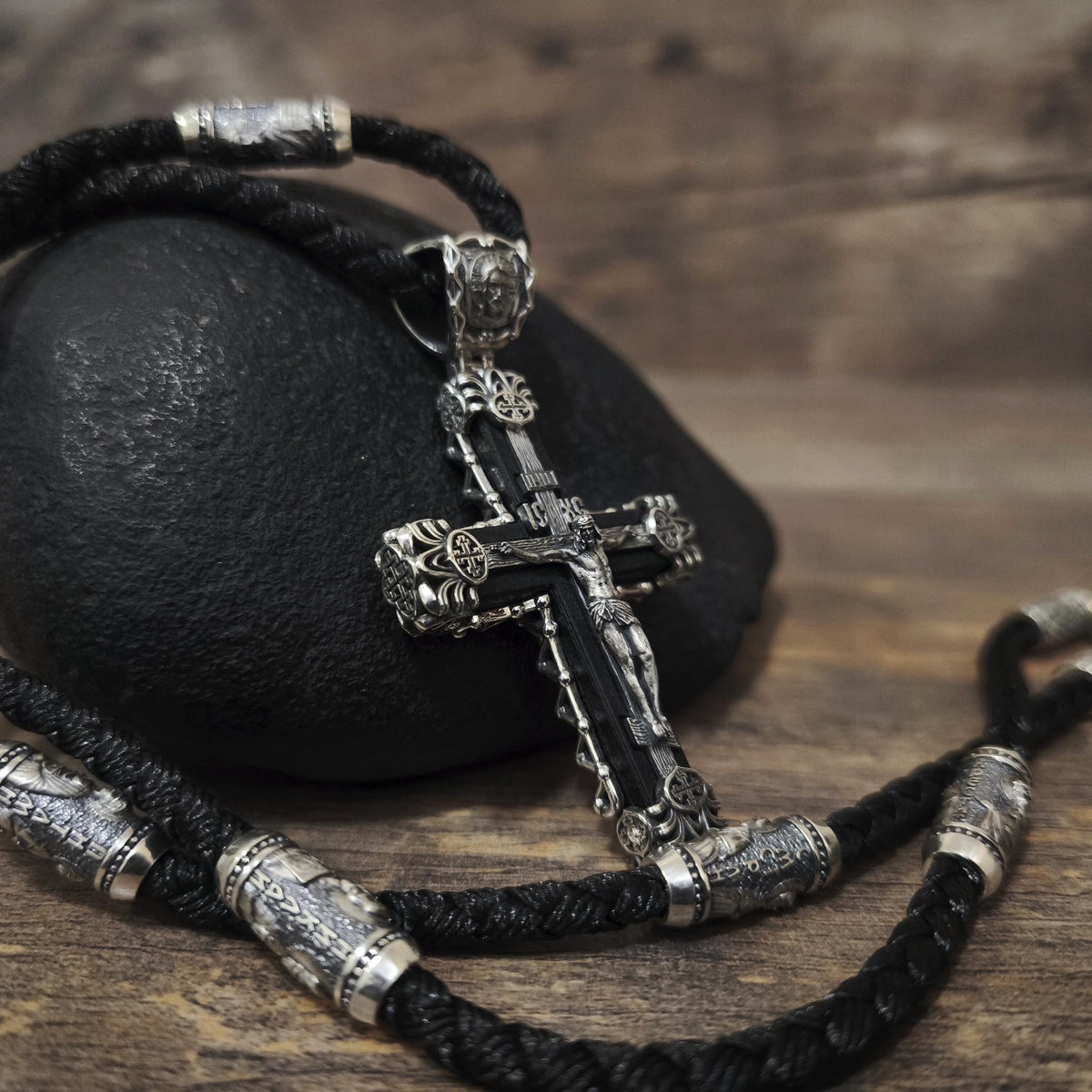 Sterling Silver Orthodox Crucifix Necklace & Ebony Wood - Religious Pendant