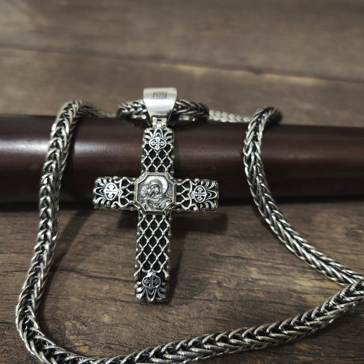 Sterling Silver Orthodox Crucifix Necklace & Ebony Wood - Religious Pendant