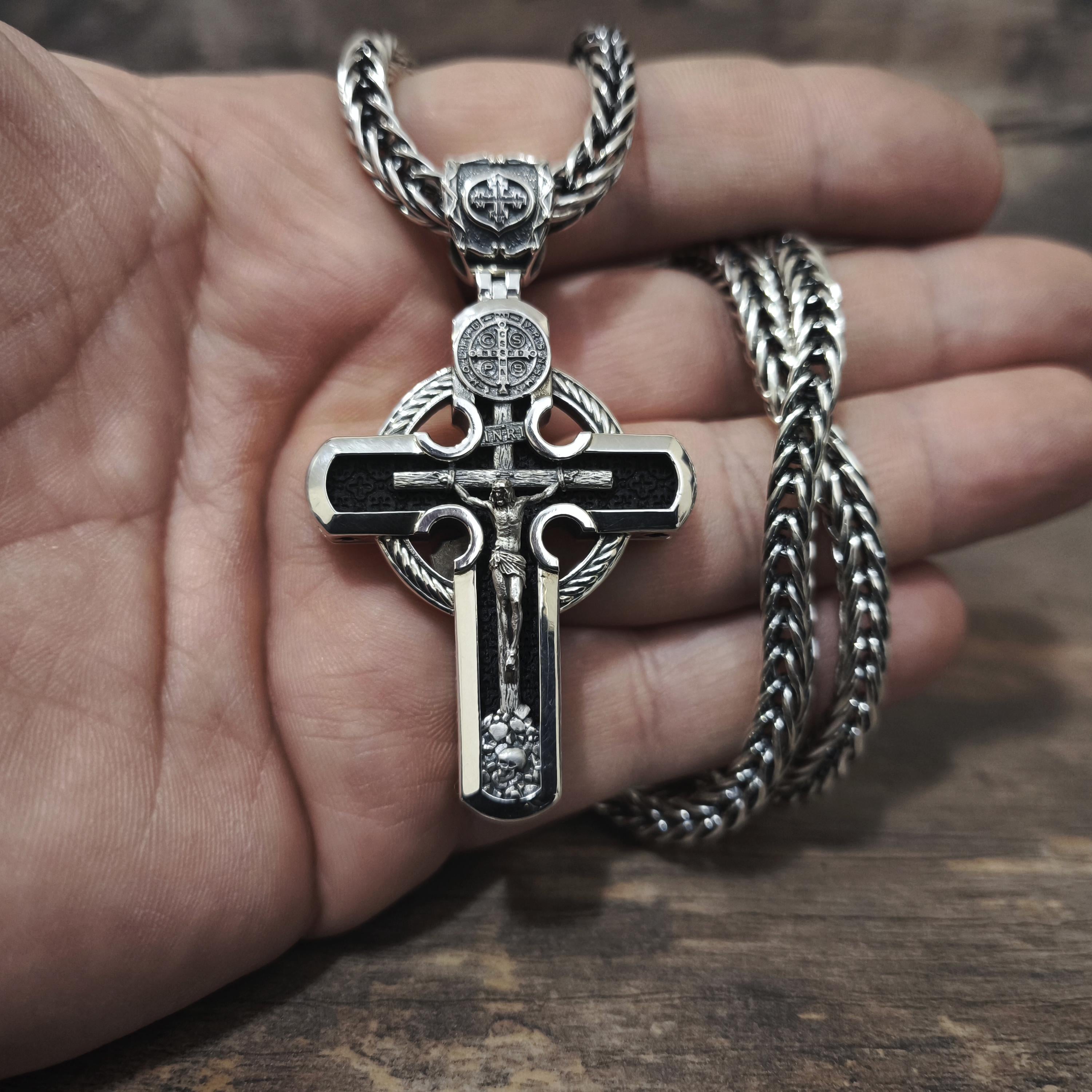 Personalized Saint Benedict Crucifix Necklace Archangel Saint Michael : Sterling Silver & Ebony Wood