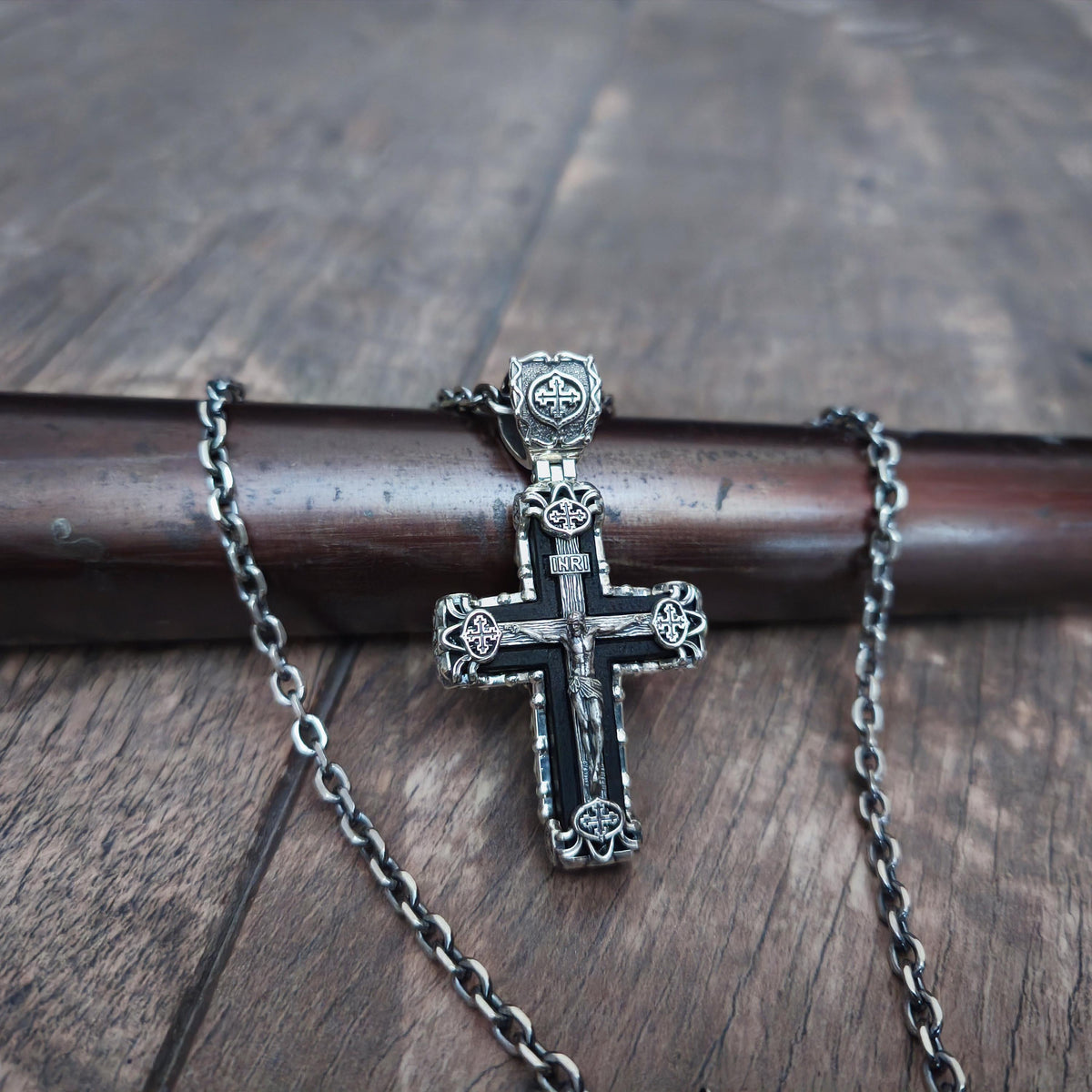 Sterling Silver Crucifix Archangel Michael Necklace & Ebony Wood - Religious Pendant
