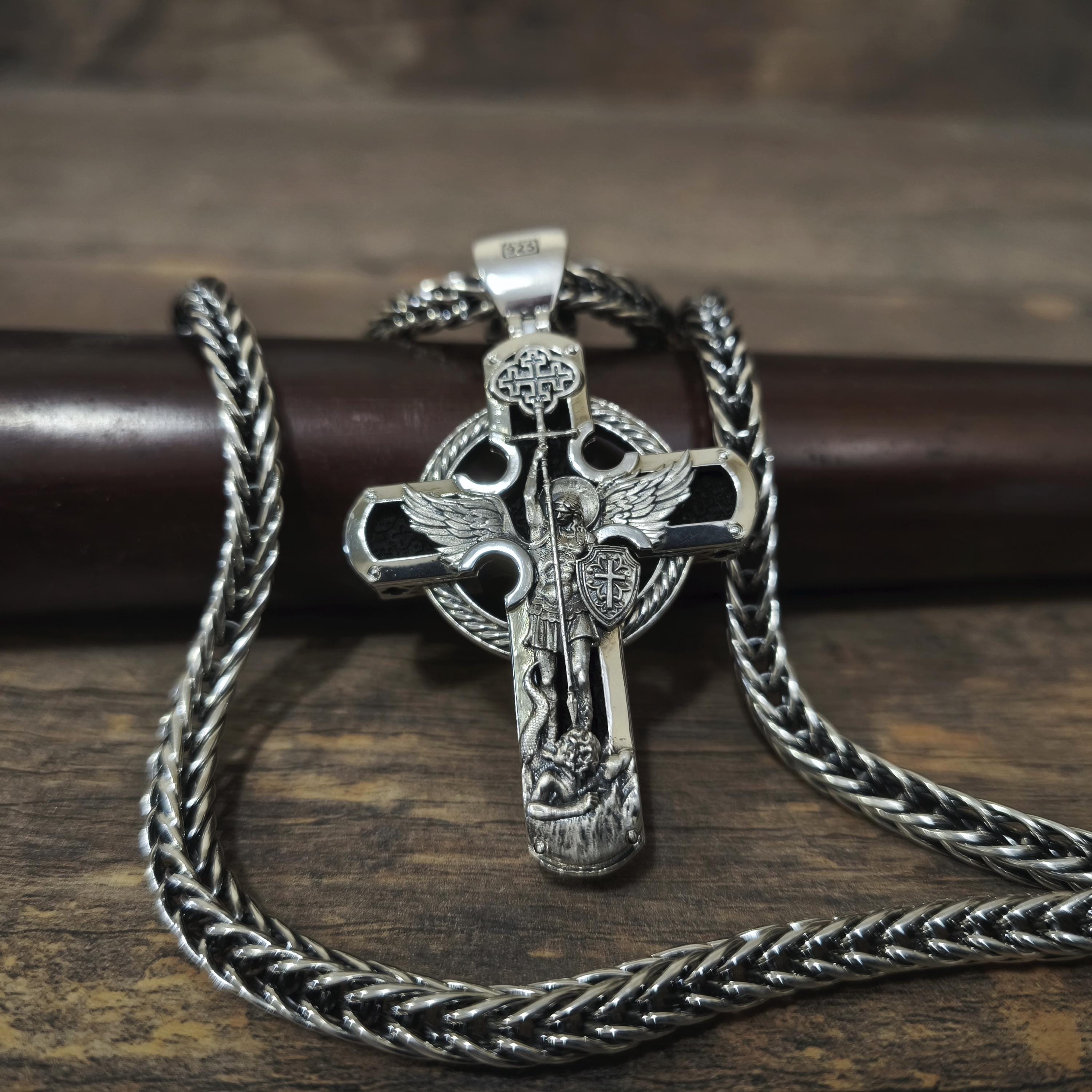 Sterling Silver Orthodox Cross Necklace - Archangel Michael, Ebony Wood