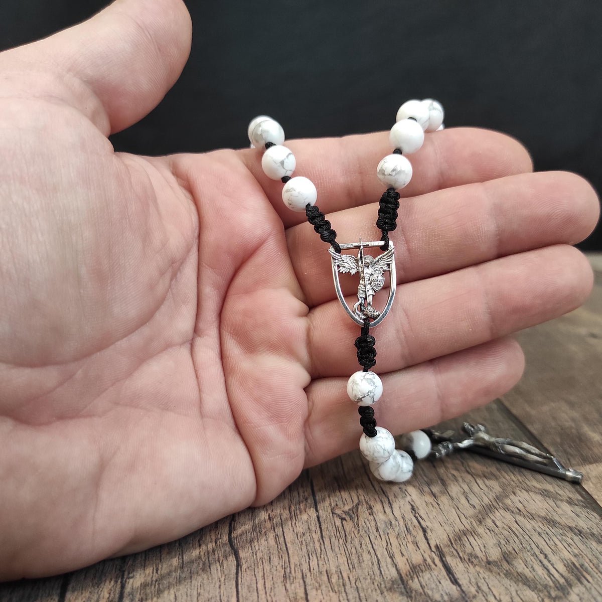 Sterling Silver St. Michael Rosary: White Howlite Beads, Catholic Gift