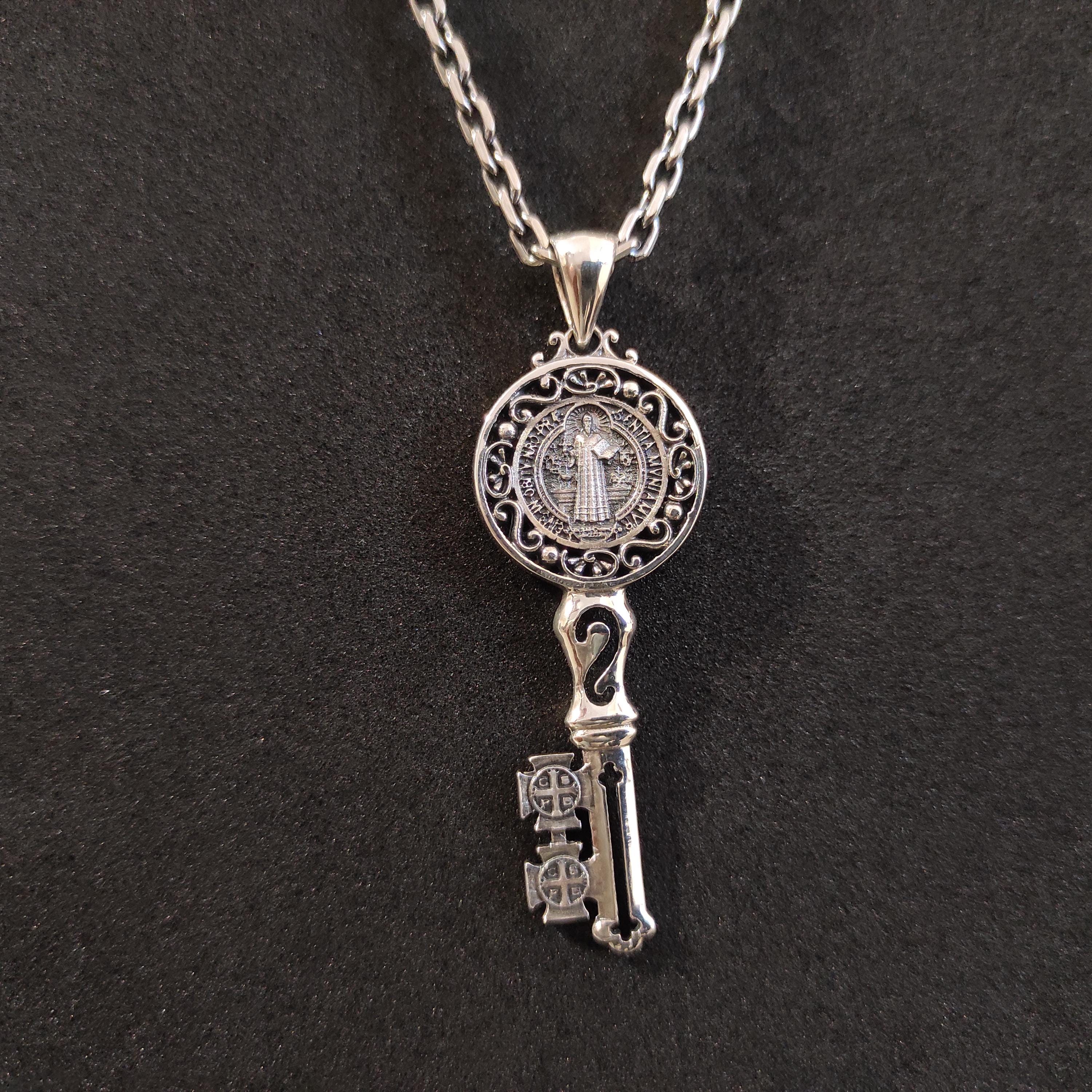 Saint Benedict Key Pendant: Sterling Silver Gothic Crucifix Necklace