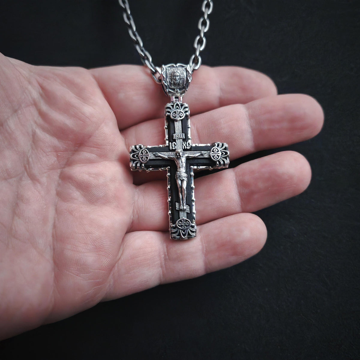 Sterling Silver Orthodox Crucifix Necklace & Ebony Wood - Religious Pendant