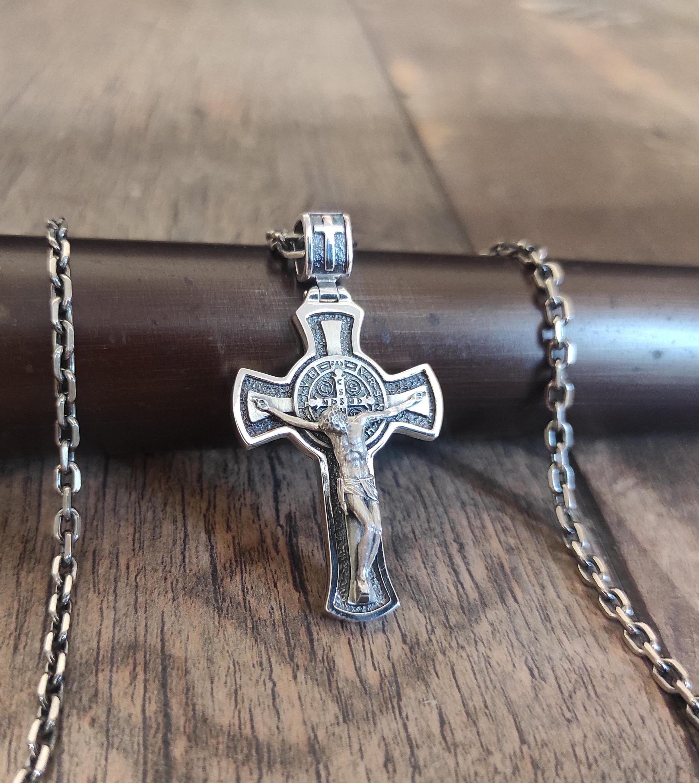 Personalized Saint Benedict Silver Crucifix Necklace: Handmade Exorcism Cross Pendant