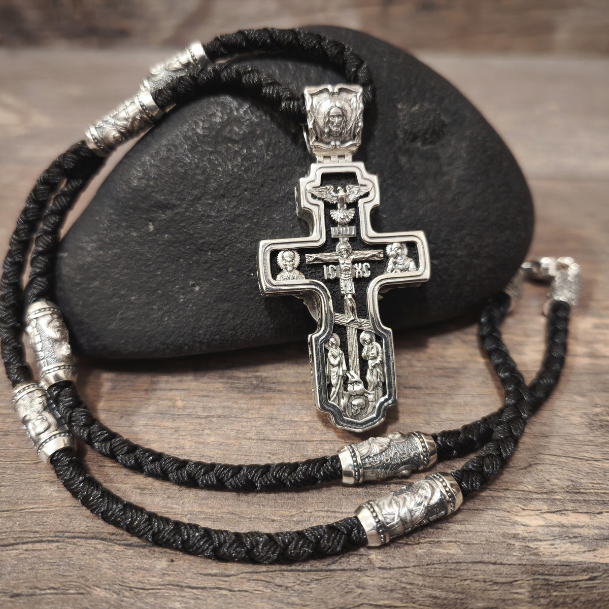 Sterling Silver Orthodox Crucifix Necklace: Jesus Cross Pendant, Ebony Wood