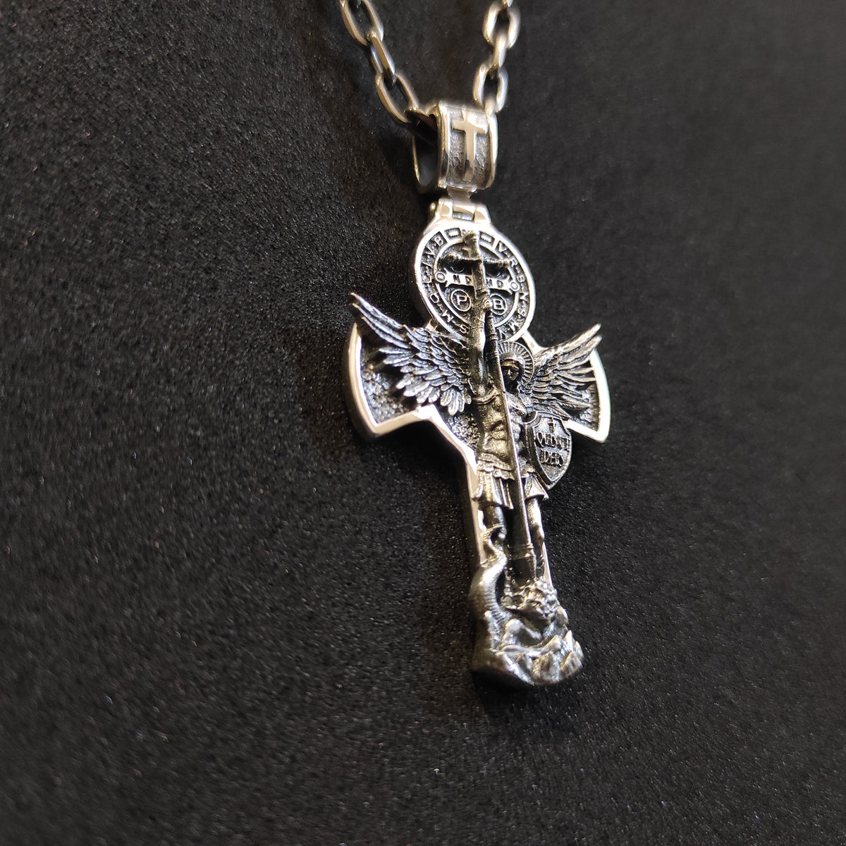Sterling Silver Archangel Michael Necklace: Handmade St. Benedict Exorcism Cross