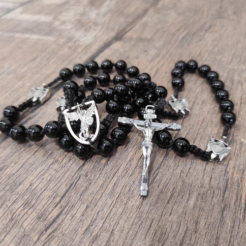 Handmade Sterling Silver St. Michael Rosary with Black Agate Beads