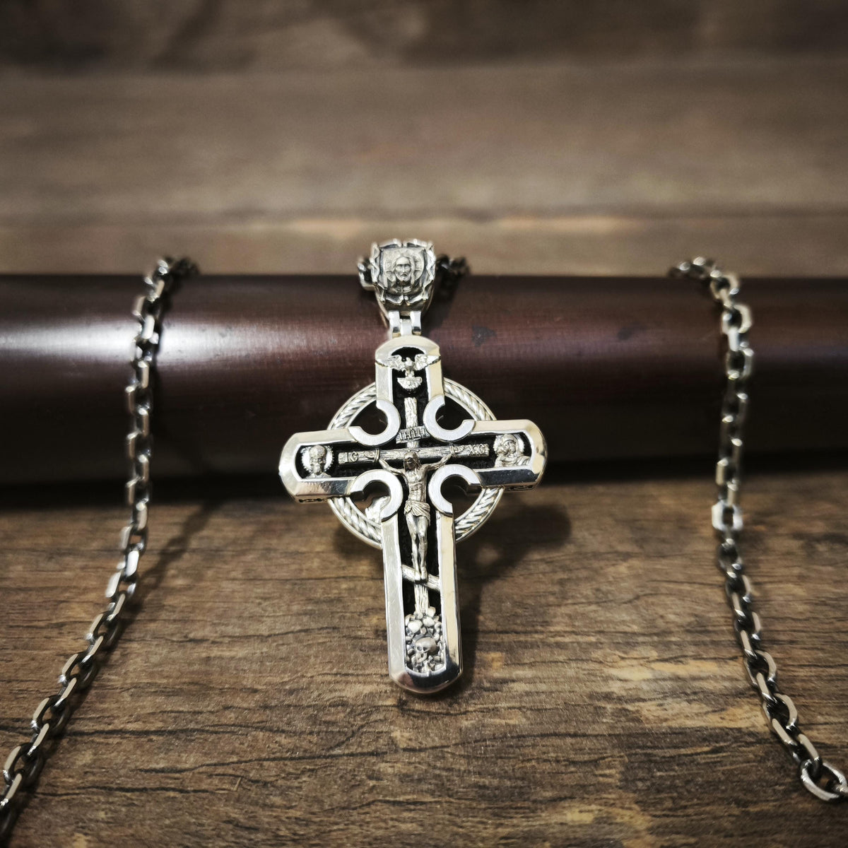 Sterling Silver Orthodox Cross Necklace - Archangel Michael, Ebony Wood