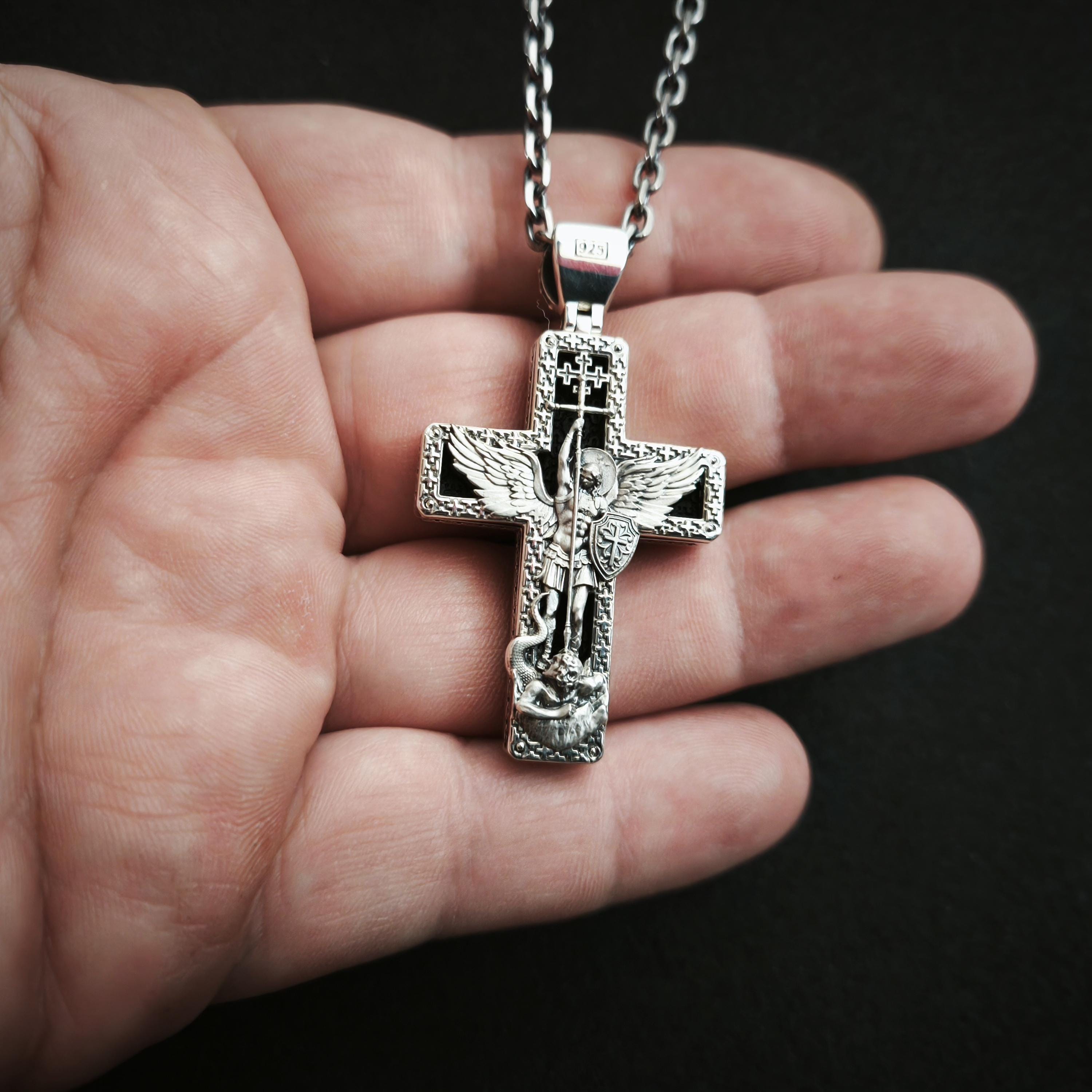 Personalized Saint Benedict Crucifix Necklace Archangel Saint Michael : Sterling Silver & Ebony Wood