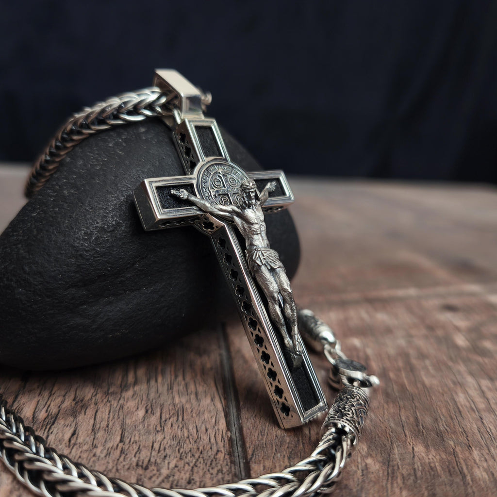 Personalized Saint Benedict Crucifix Necklace: Sterling Silver & Ebony Wood