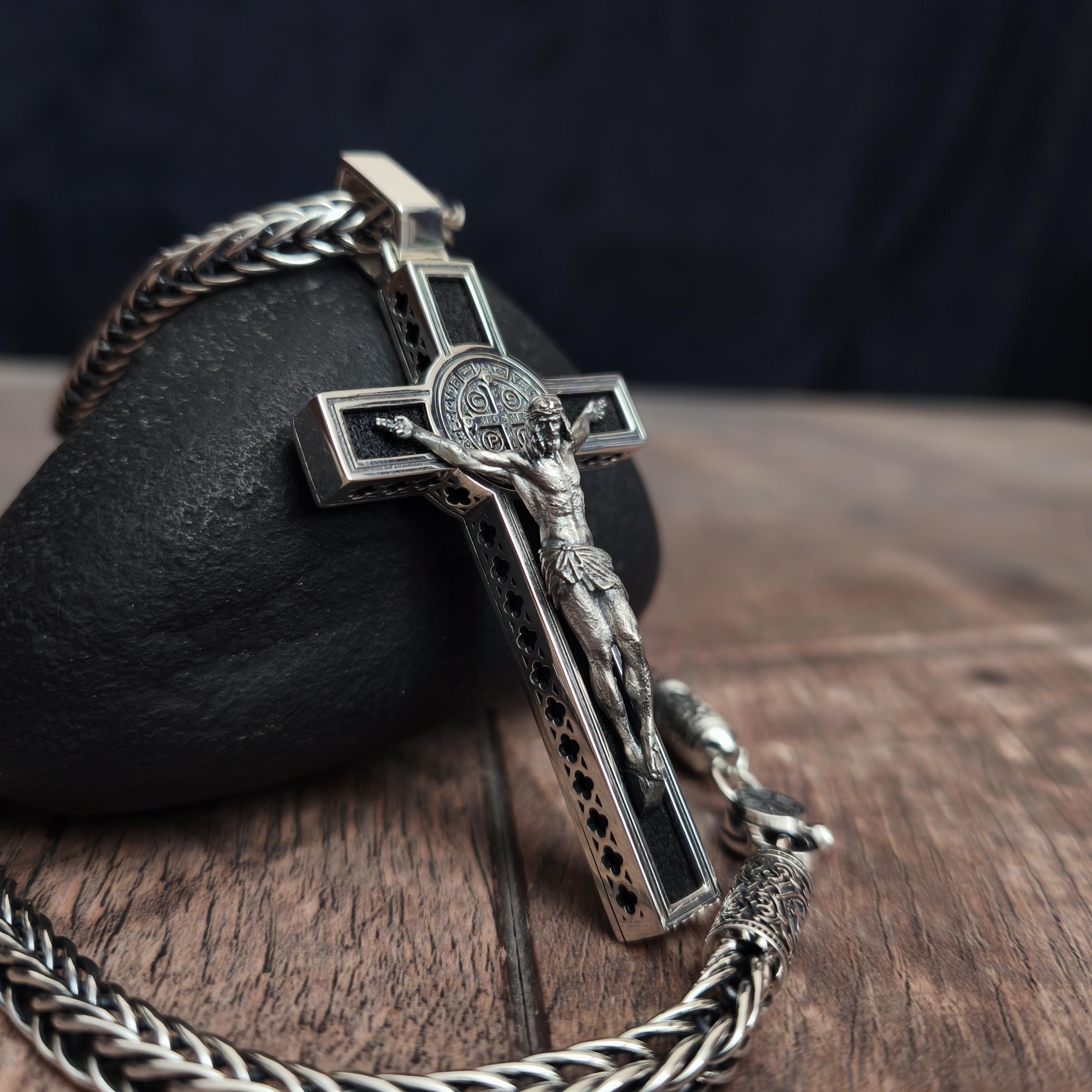 Personalized Saint Benedict Crucifix Necklace: Sterling Silver & Ebony Wood