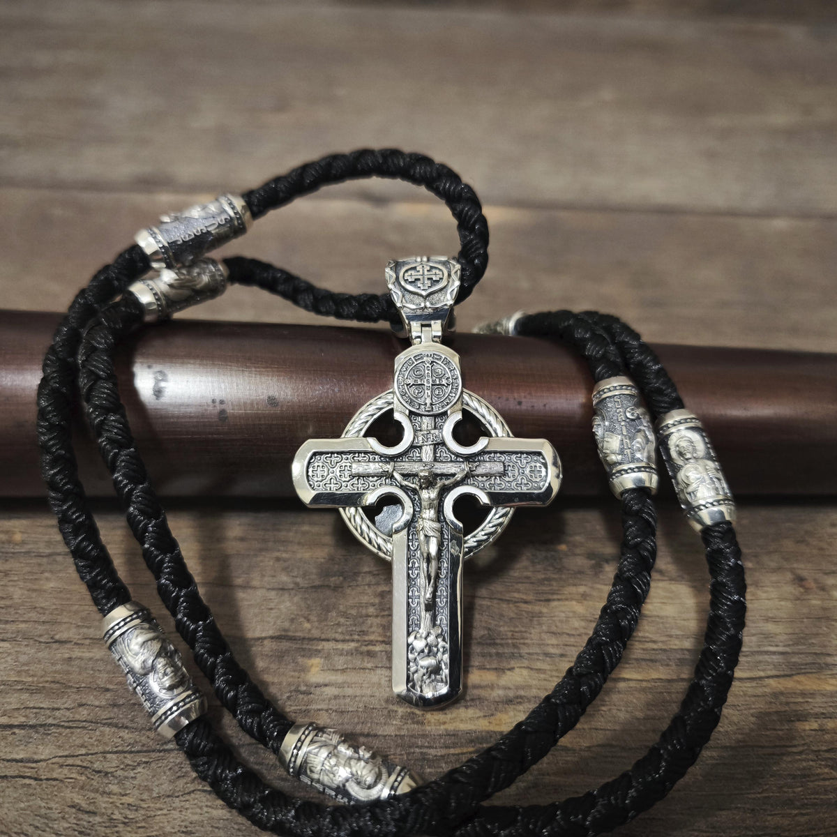 Personalized Jesus Cross Saint Benedict Crucifix Necklace Archangel Saint Michael : Sterling Silver