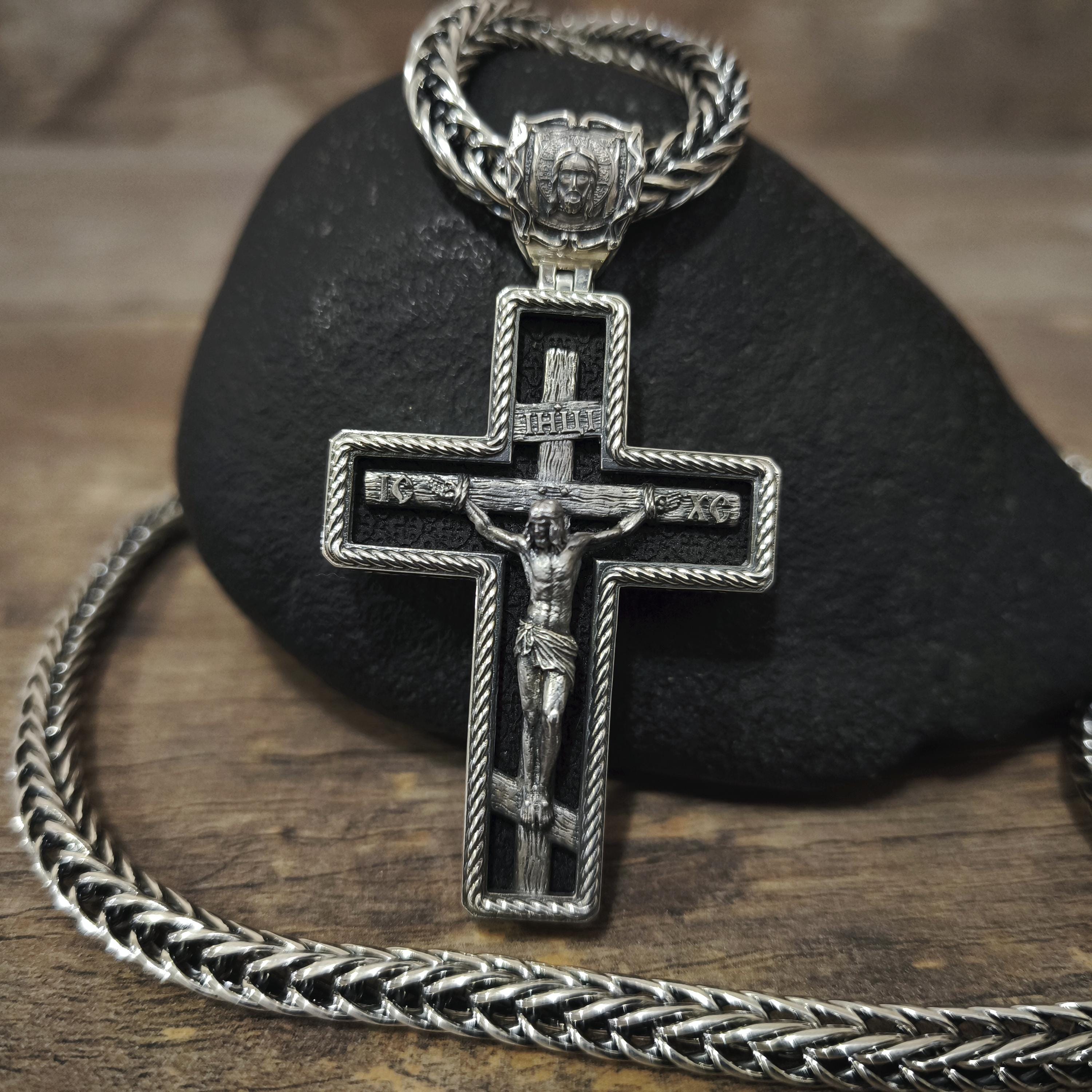 Sterling Silver Orthodox Cross Necklace - Archangel Michael, Ebony Wood